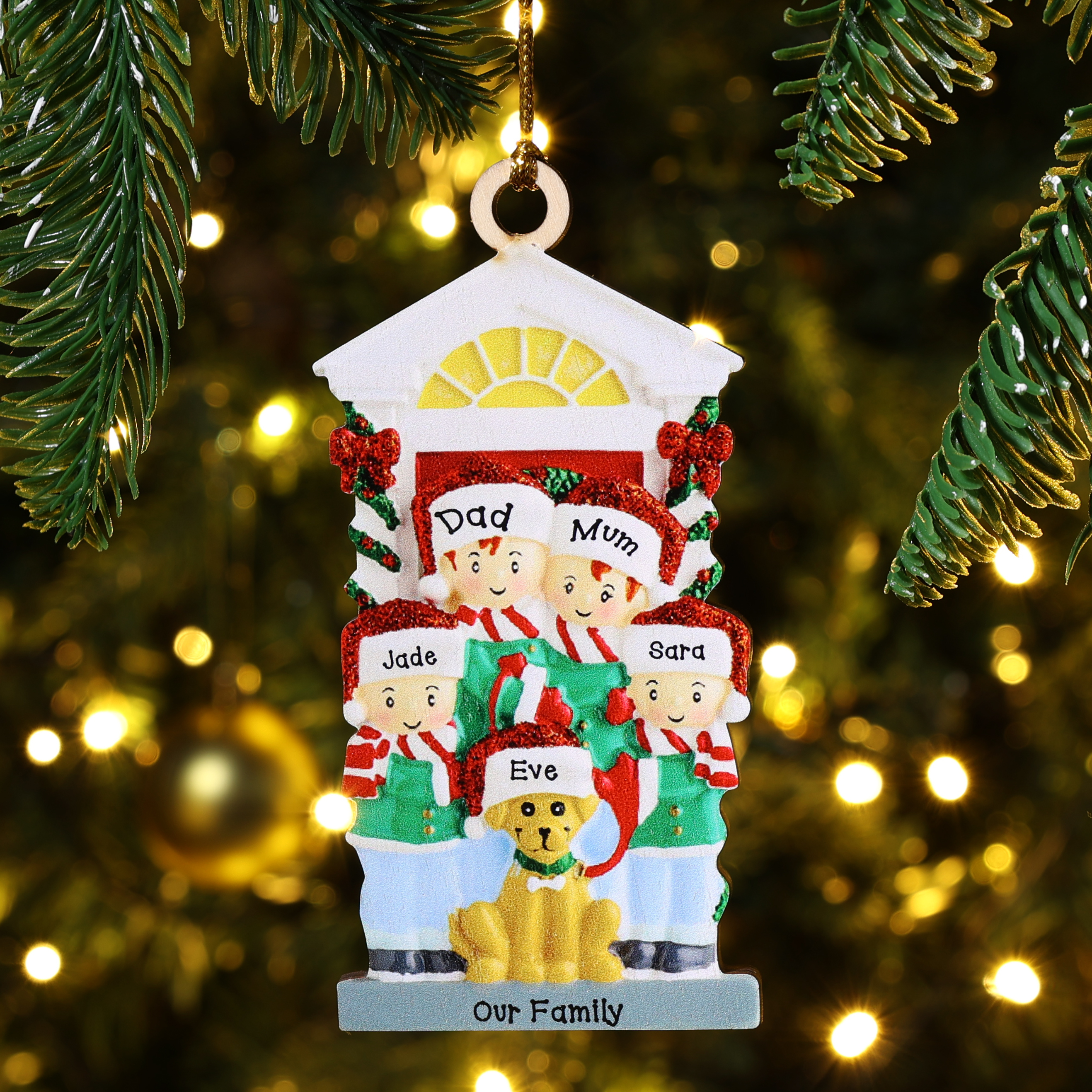 4 Names+Dog Name-Personalised Family Christmas Xmas Tree Decoration Hanging Wooden Ornament with Name-Family with Dog