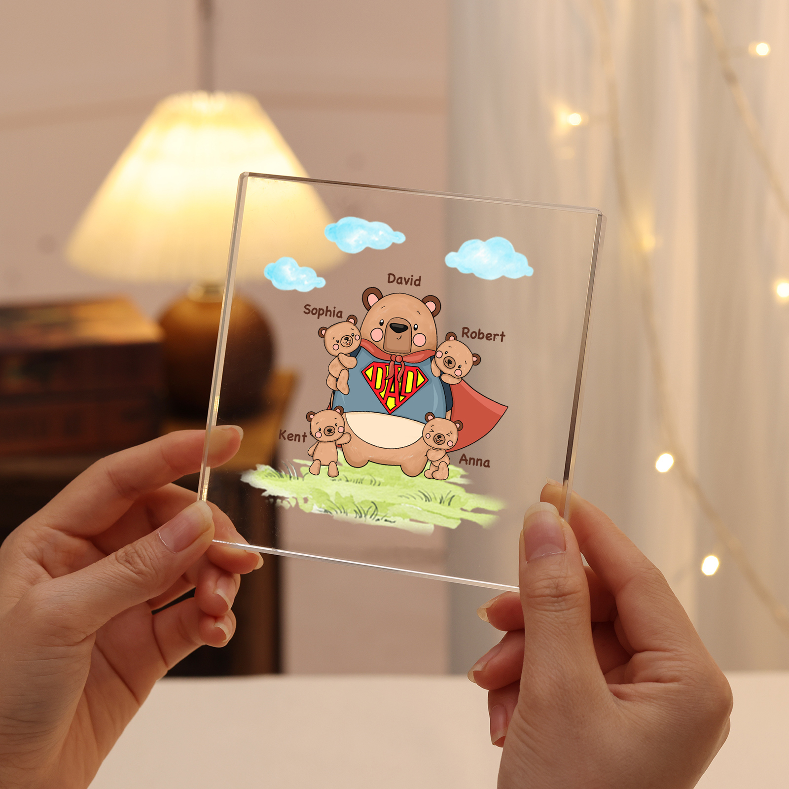 5 Names-Personalised Super Bear Family Acrylic Keepsake-Custom Text and Names-Acrylic Plaque Home Decoration Gift for Dad/Grandad