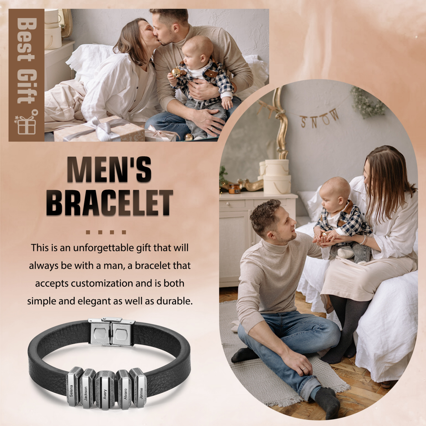 5 Names Personalised Stainless Steel Leather Bracelet Engraved Name Men's Bracelet Gift for Dad