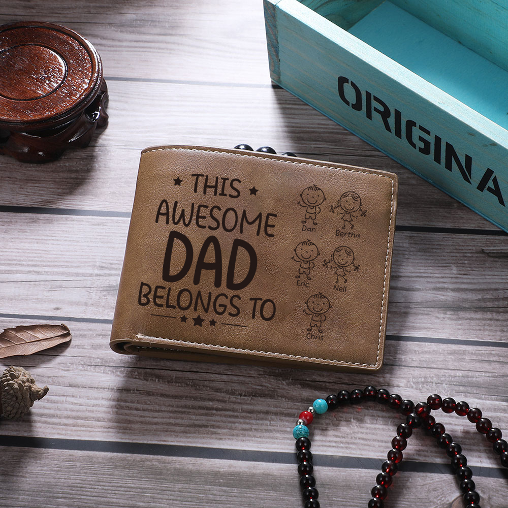 5 Names-Personalised Doll Customized Leather Men's Wallet Customized Name Folding Wallet With Gift Box for Dad