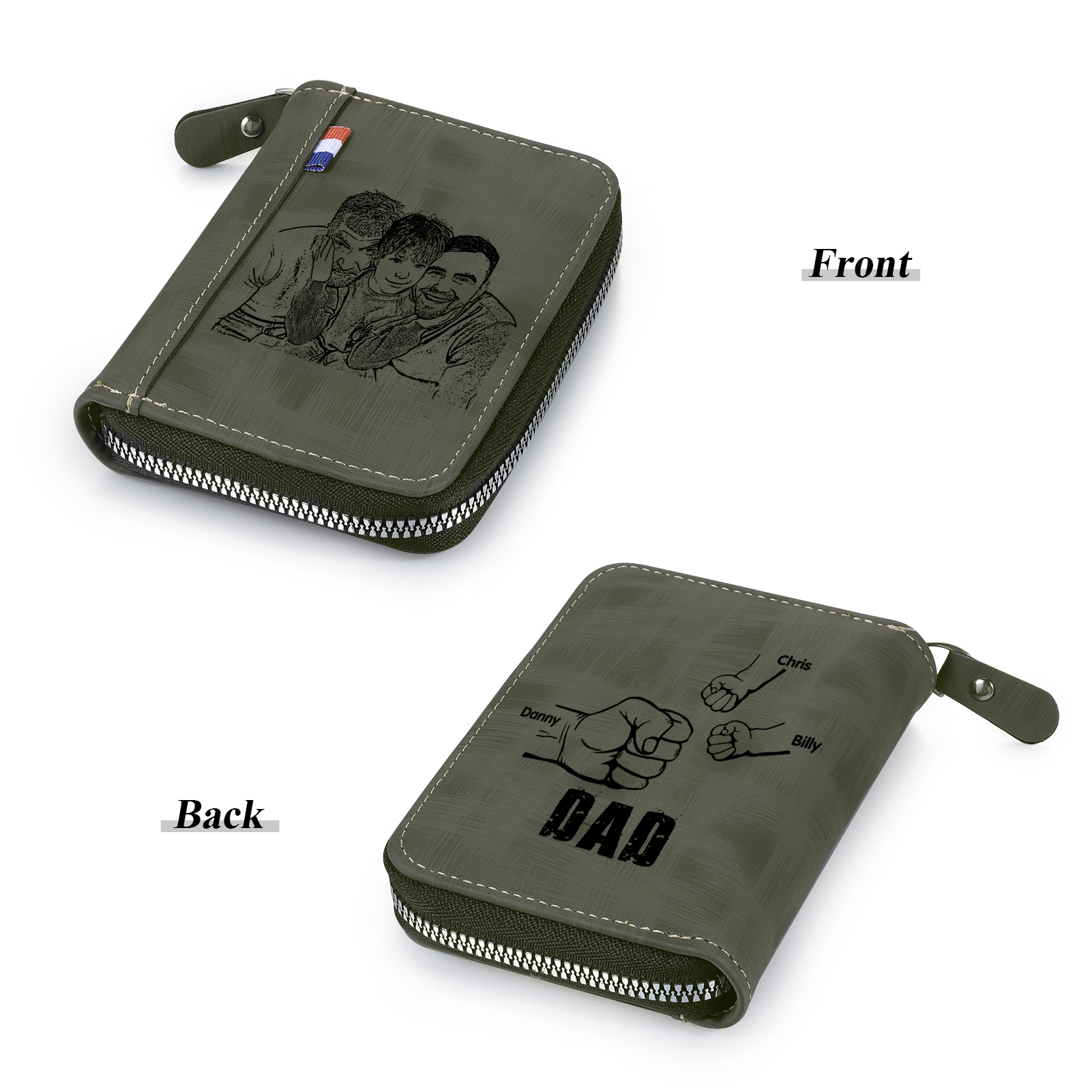 3 Names - Personalised Fist Bump Fist Bump Photo Custom Leather Men's Zipper Wallet as a Father's Day Gift for Dad