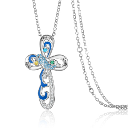 Personalized Dolphin Necklace With Names Custom 3 Birthstones Cross Necklace Gifts for Her
