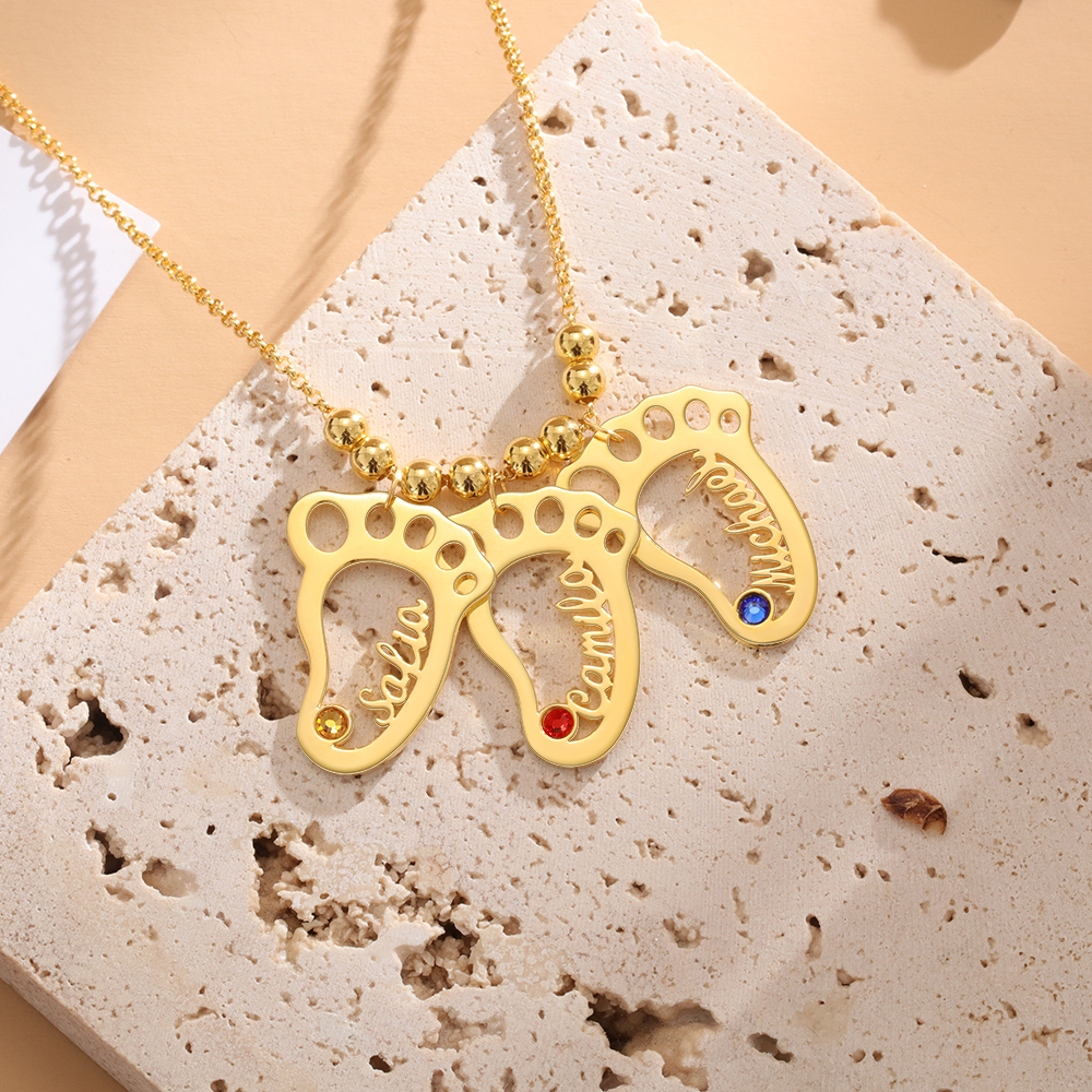 Personalised Baby Foot Necklace With 3 Birthstones Engraved Names Gift For Mother