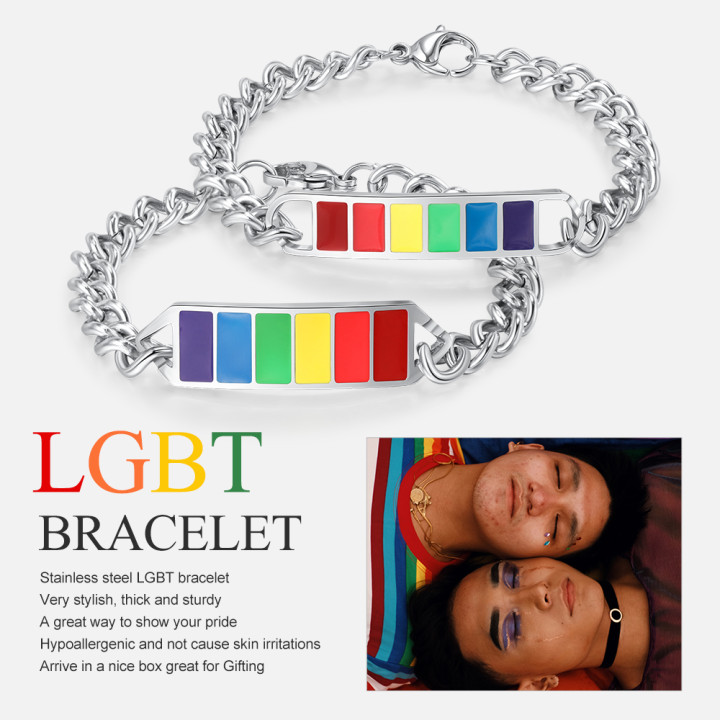 Personalised Rainbow Bar Bracelet Engraved 1 Text LGBT Pride Gifts