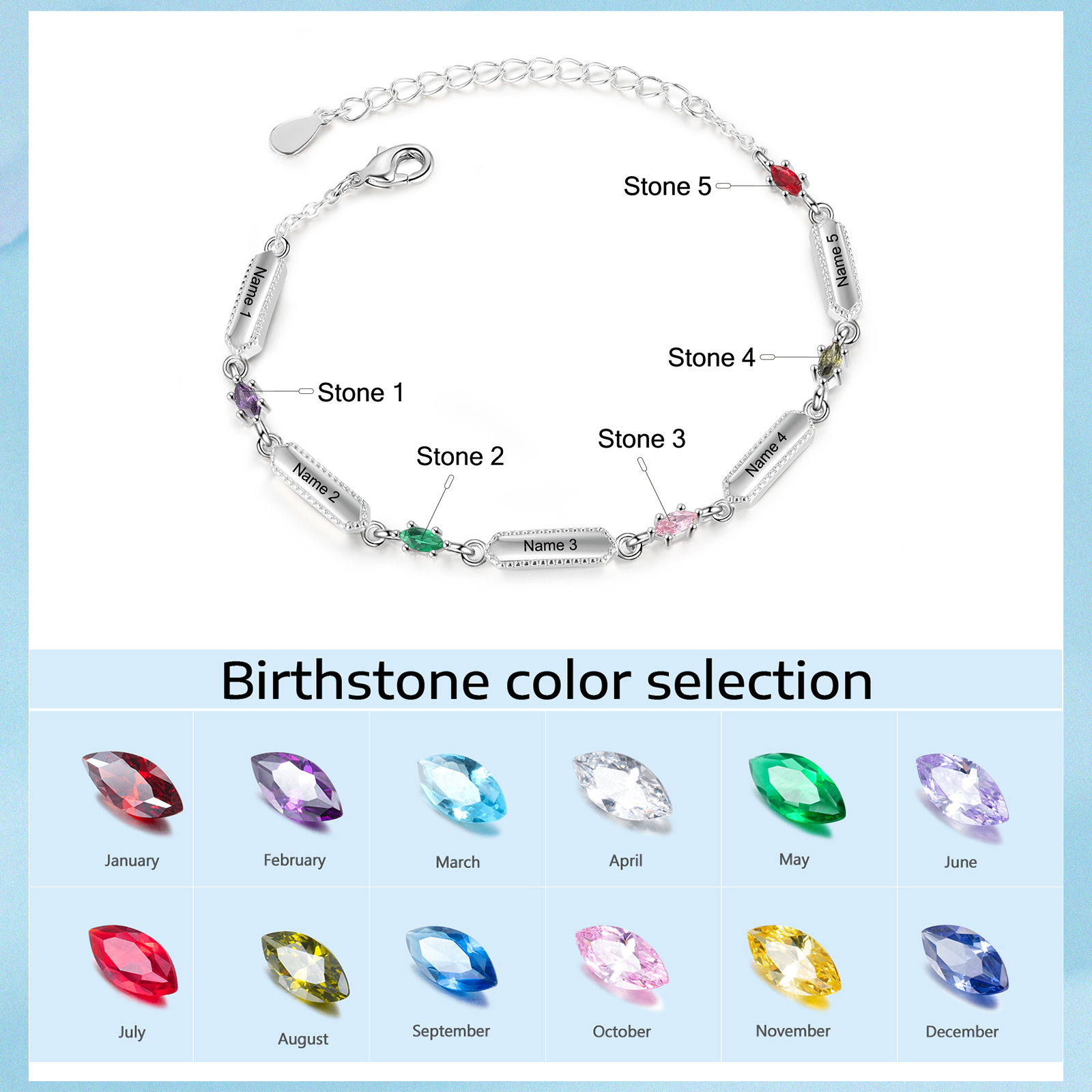 5 Names-Personalised Woman Bracelet With Birthstone Custom Names Bracelet Gift For Women