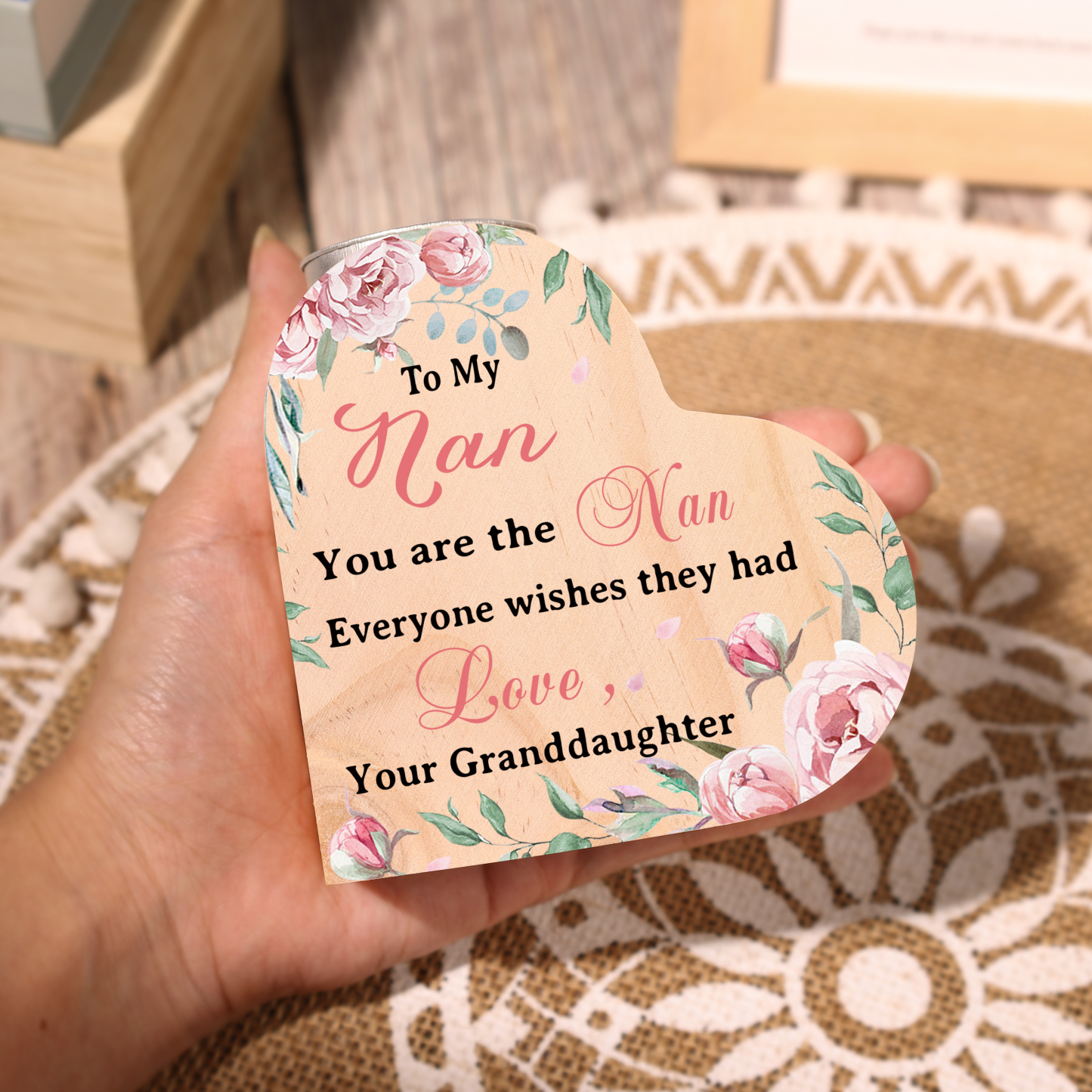 To My Nan Customize Text Flower Candlesticks-I Love You-Heart Wooden Candle Holder from Granddaughter
