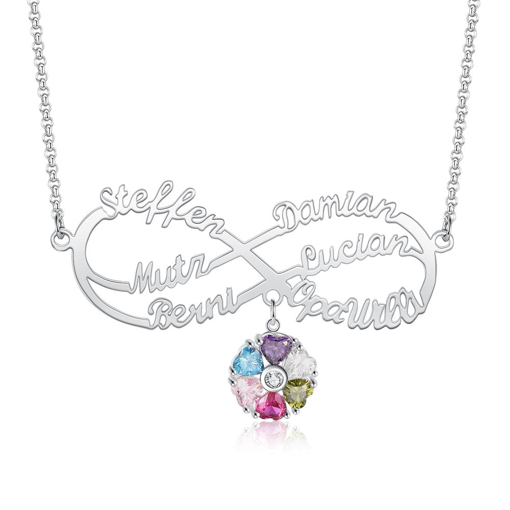 Personalised Infinity Necklace With 6 Birthstones Engraved Names Necklace Gift For Women