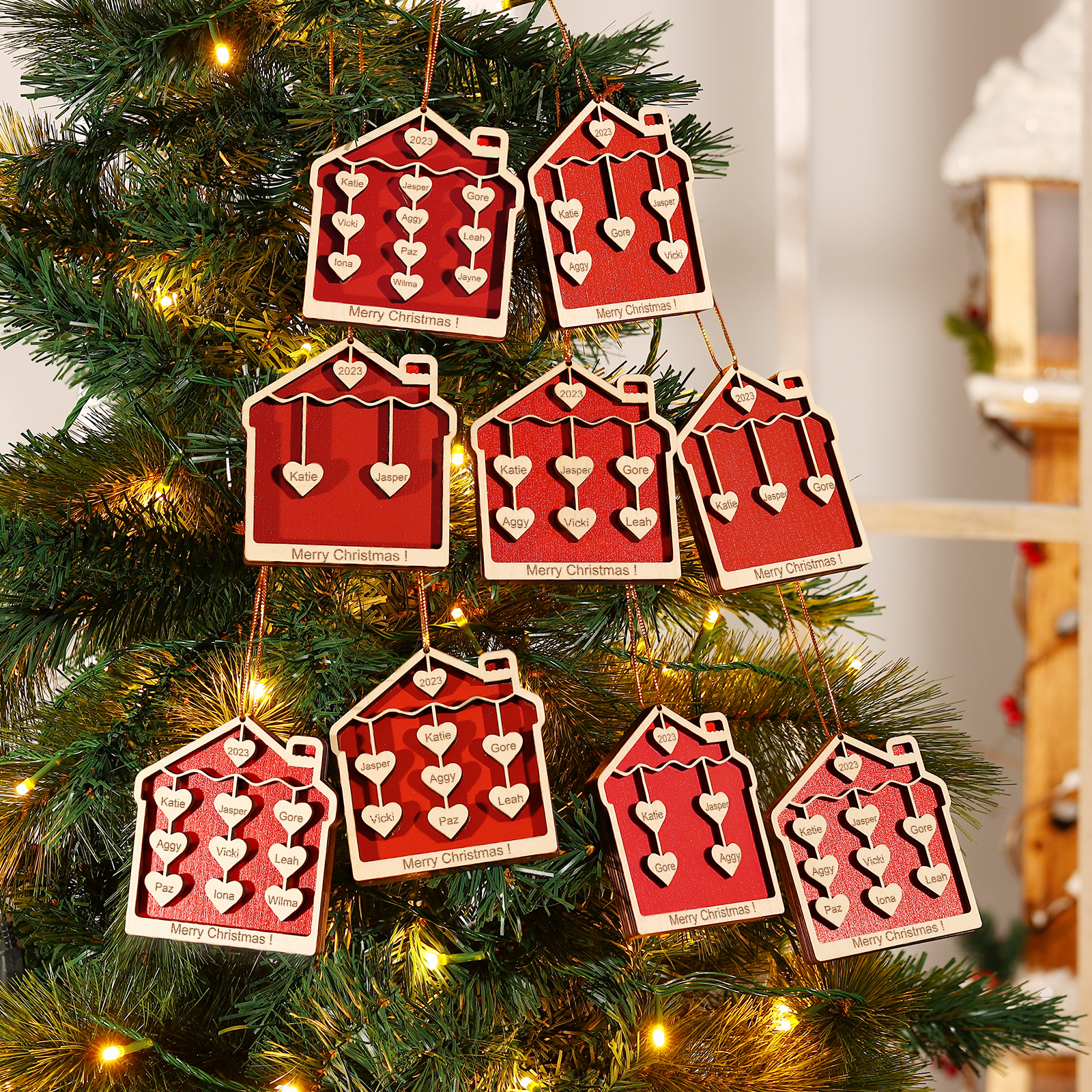 2 Names-Personalised Family Wooden Christmas Xmas Tree Decoration Ornament-Custom 2 Names And Year Hanging Ornament Gifts For Family