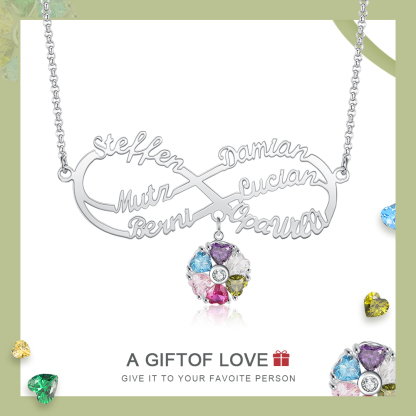 Personalised Infinity Necklace With 6 Birthstones Engraved Names Necklace Gift For Women