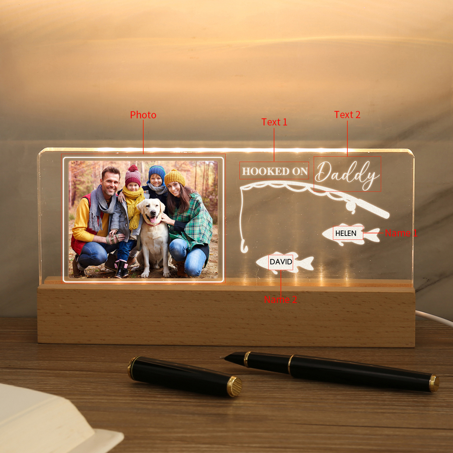 2 Names - Personalised Photo Fishing Pattern Desk Lamp Father's Day Gift For Dad