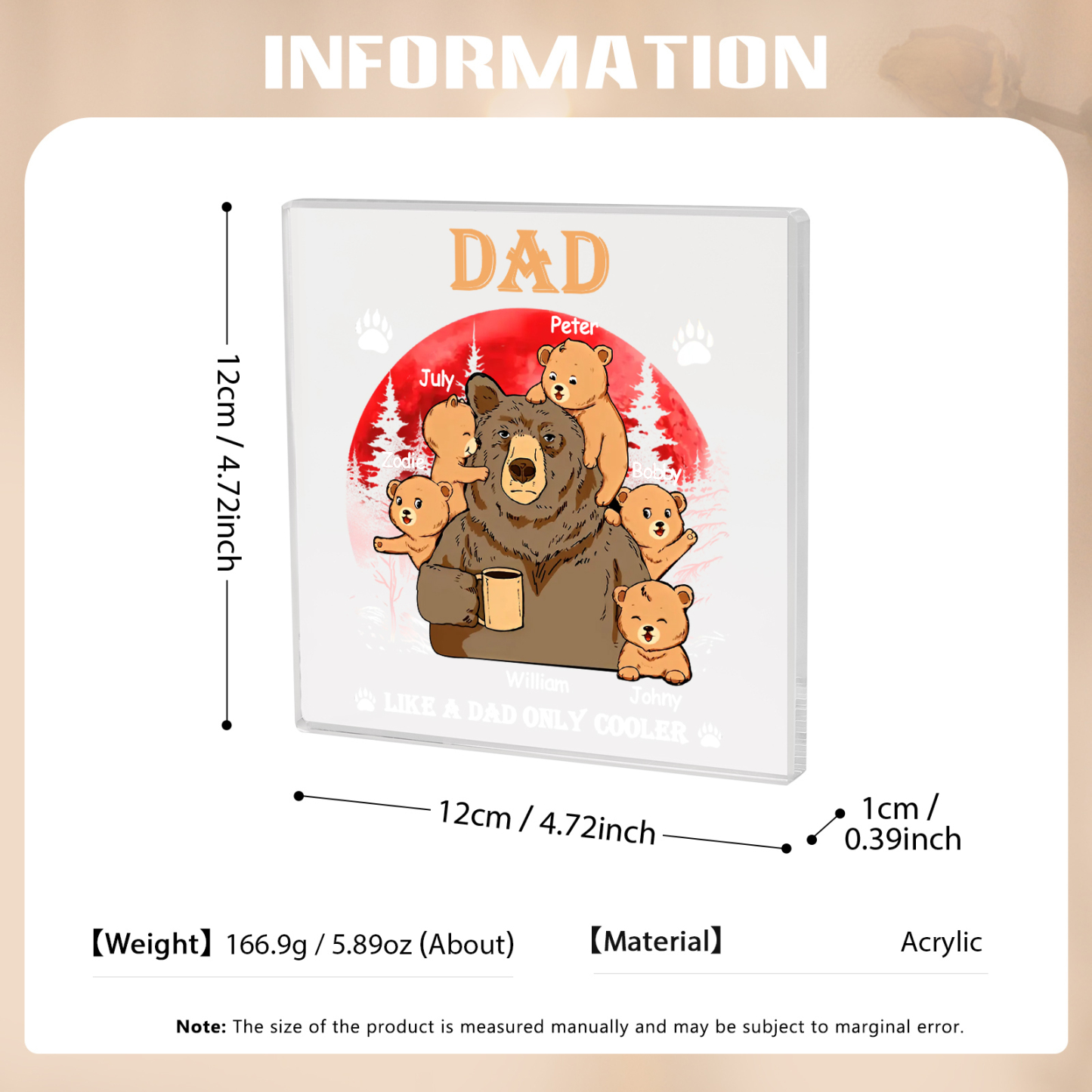 6 Names - Personalised Bear Family Pattern Custom Name Acrylic Square Ornament Father's Day Gift