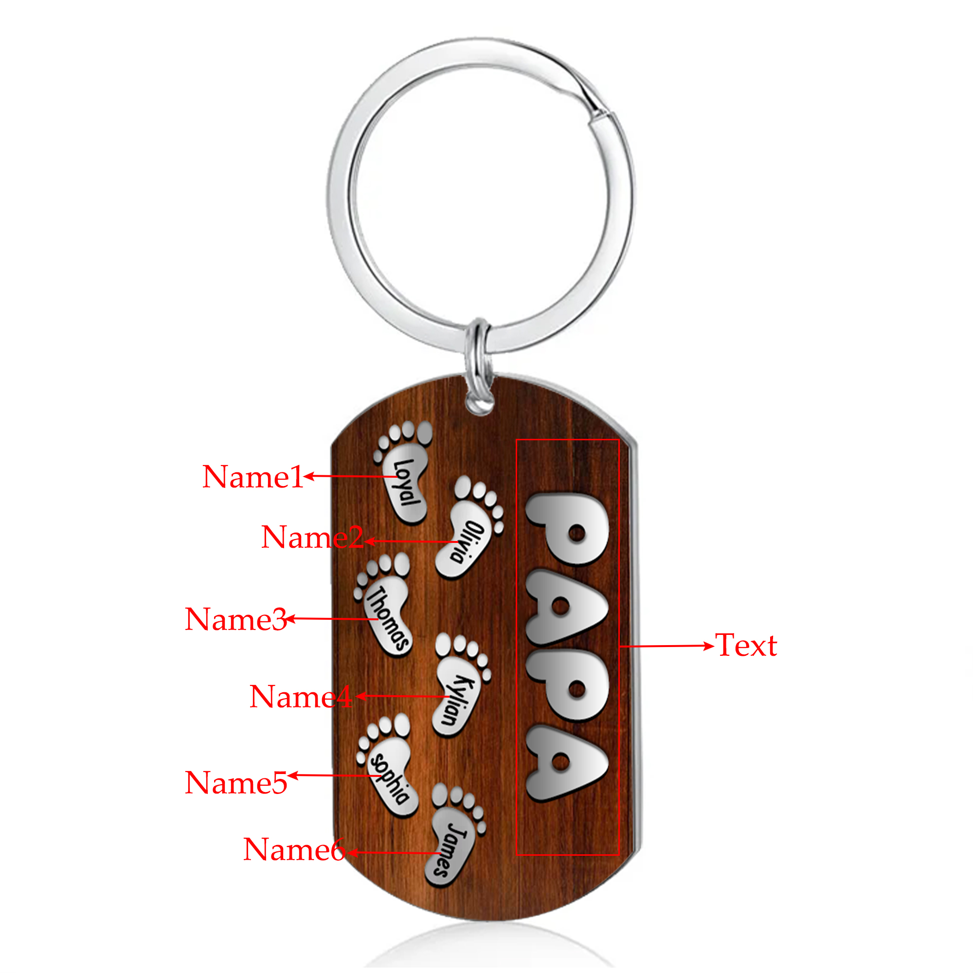 6 Names - Personalised Custom Footprint Pattern Keyring Custom Name and Text Gift for Dad