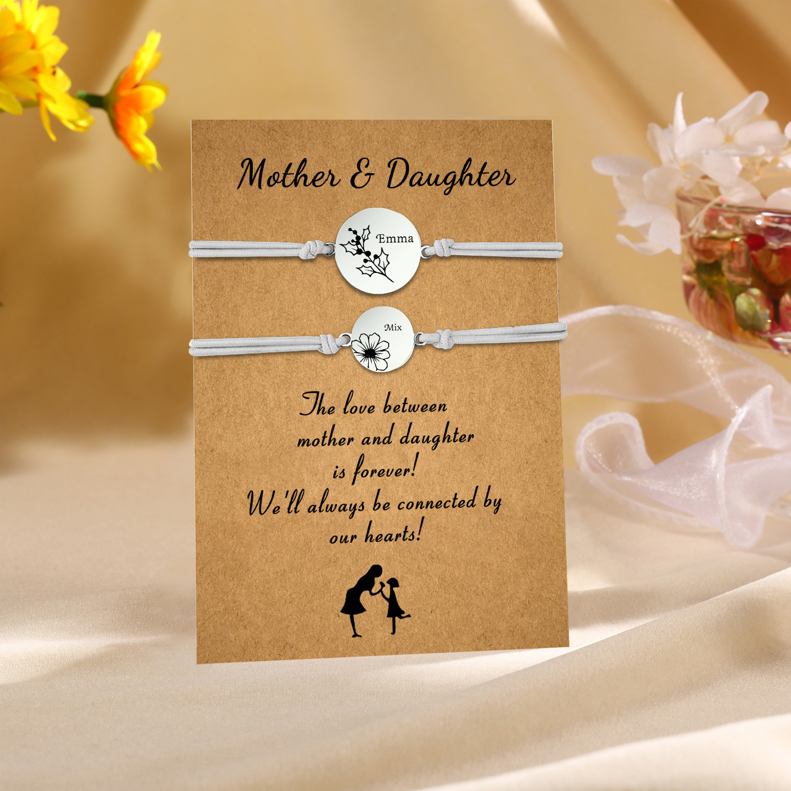 2PCS Personalized 2 Birthflowers and 2 Names Elastic Stainless Steel Bracelet Mother and Daughter Back to School Gift for Daughter