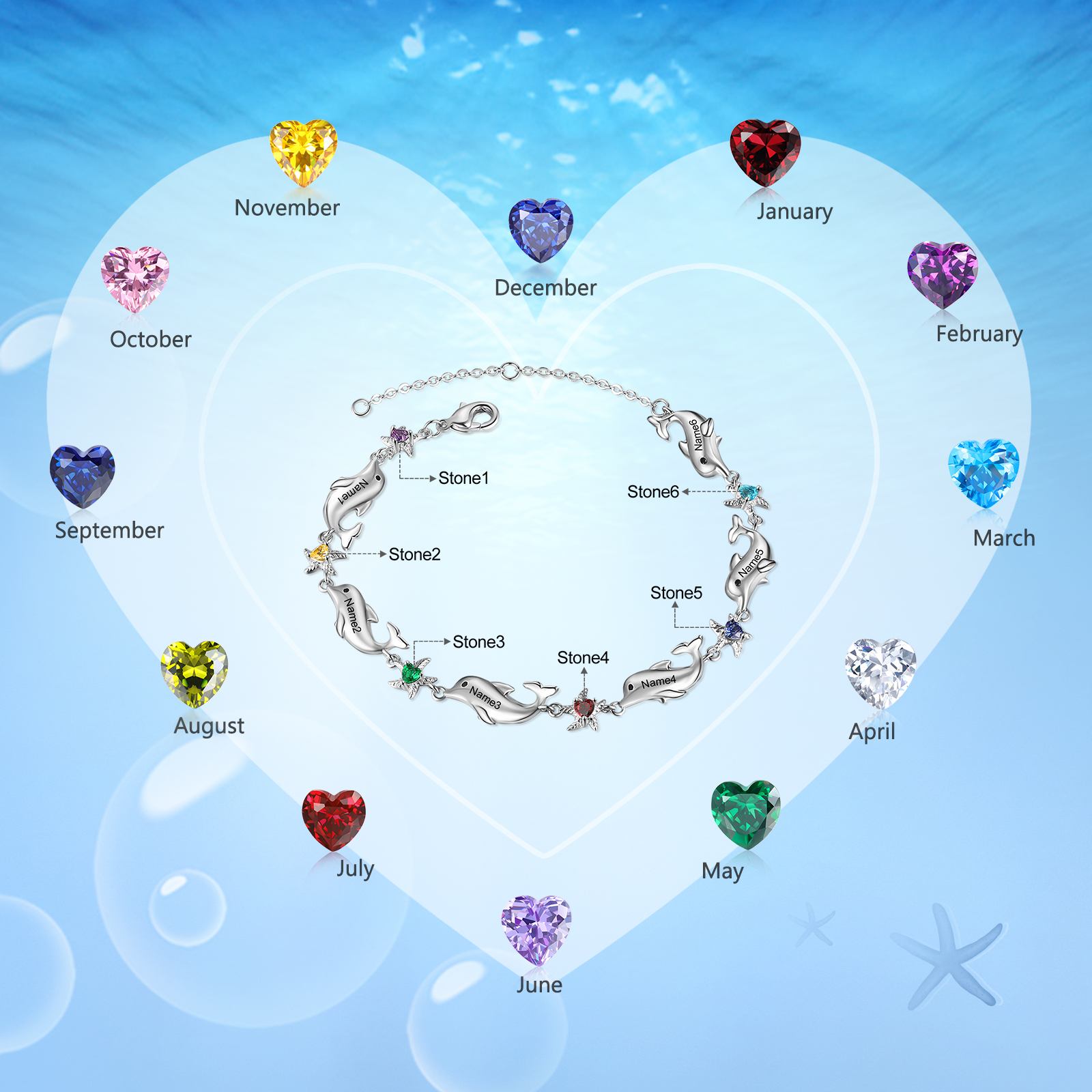 Animal Bracelet Personalized Dolphin Bracelet With 6 Birthstones Engraved Names Starfish Charm Gifts For Her