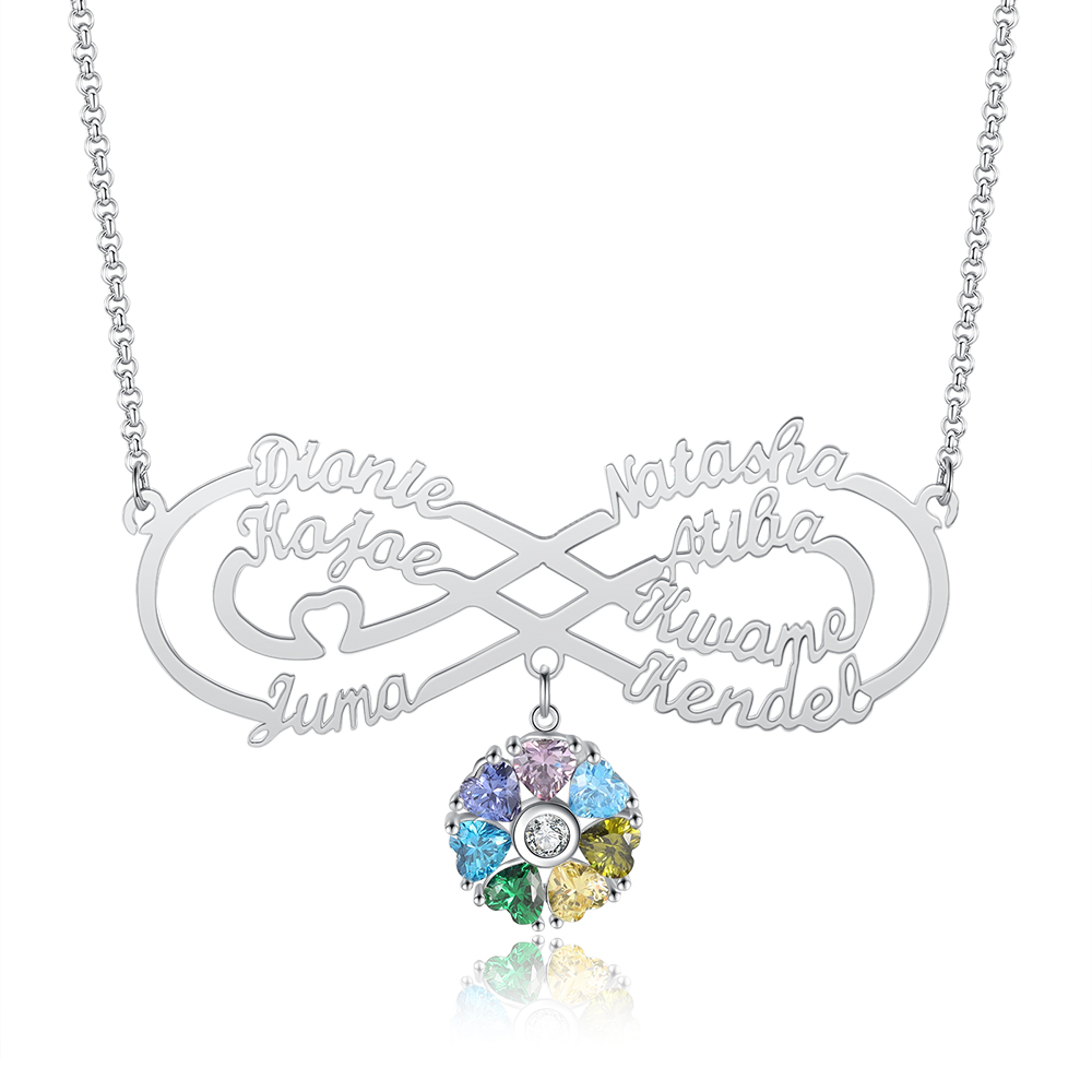 Personalised Infinity Necklace With 7 Birthstones Engraved Names Necklace Gift For Women