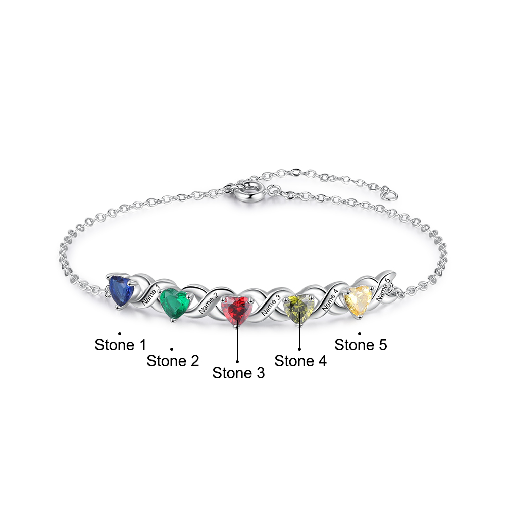 Personalised 2-7 Names Bracelet Set Custom Heart Birthstones Engraved Names Bracelet Gift For Women | Jessemade