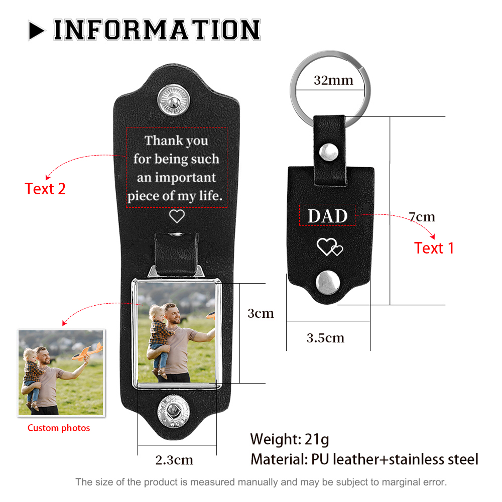 Personalised 2 Texts & 1 Photo Men's Leather Keyring Three Colors Available for Dad