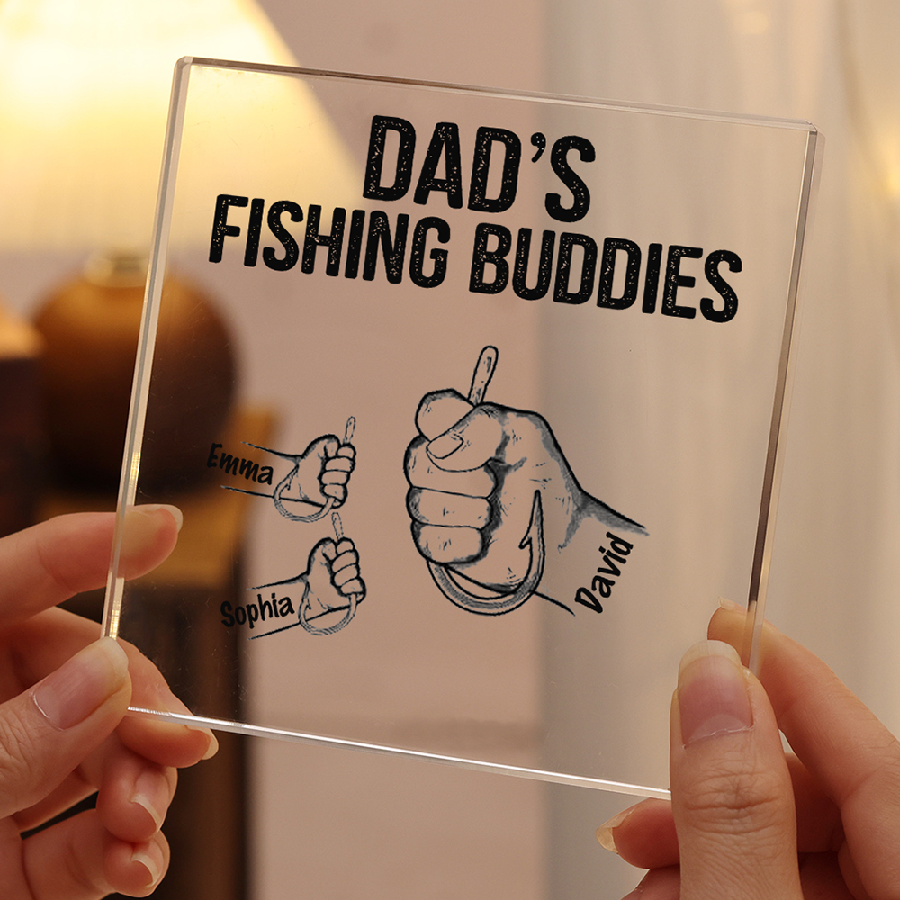 3 Names - Personalised Fishhook Fist Bump Pattern Family Acrylic Keepsake Customized Name Acrylic Home Decor Gift for Dad