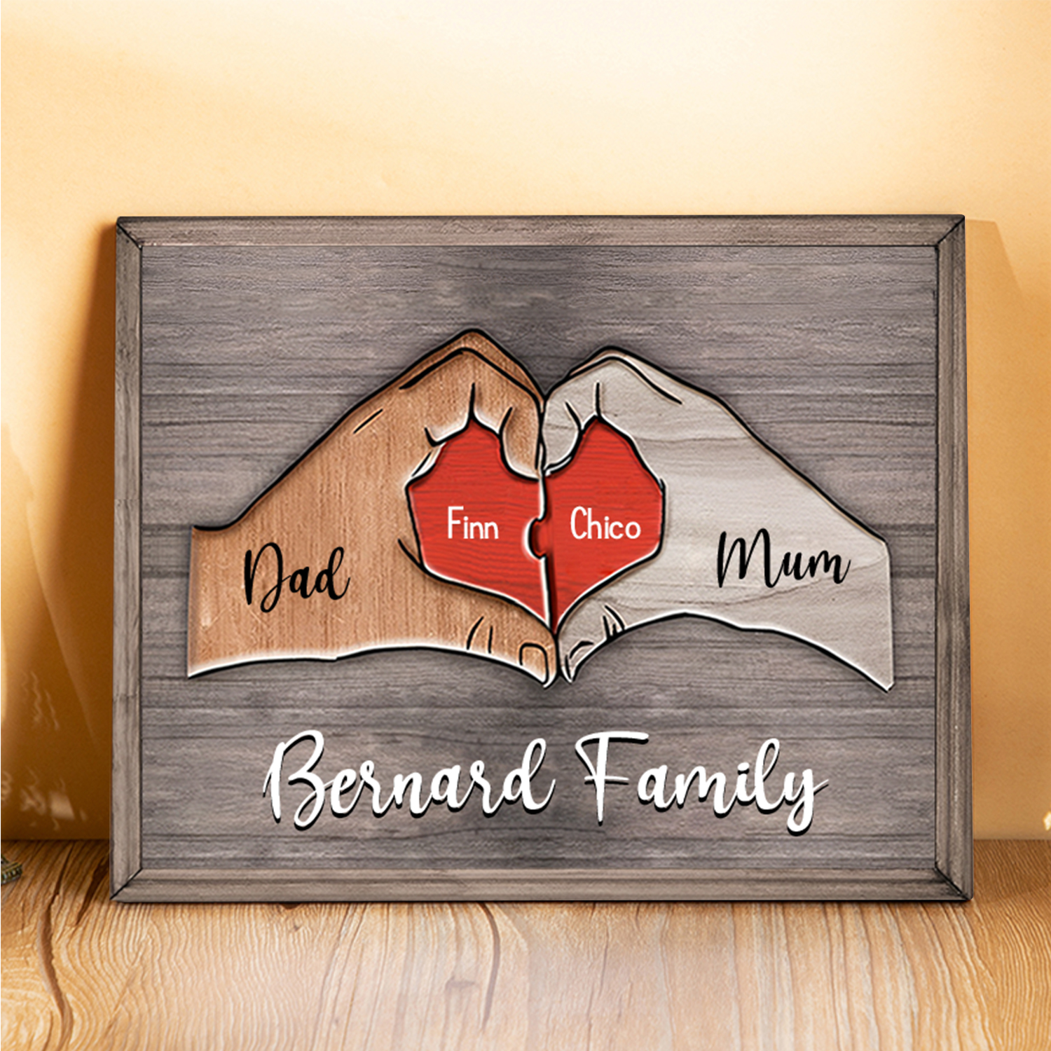 2 Names - Personalised Love Heart Customized Name and Text Wooden Ornament Father's Day Gift for Dad