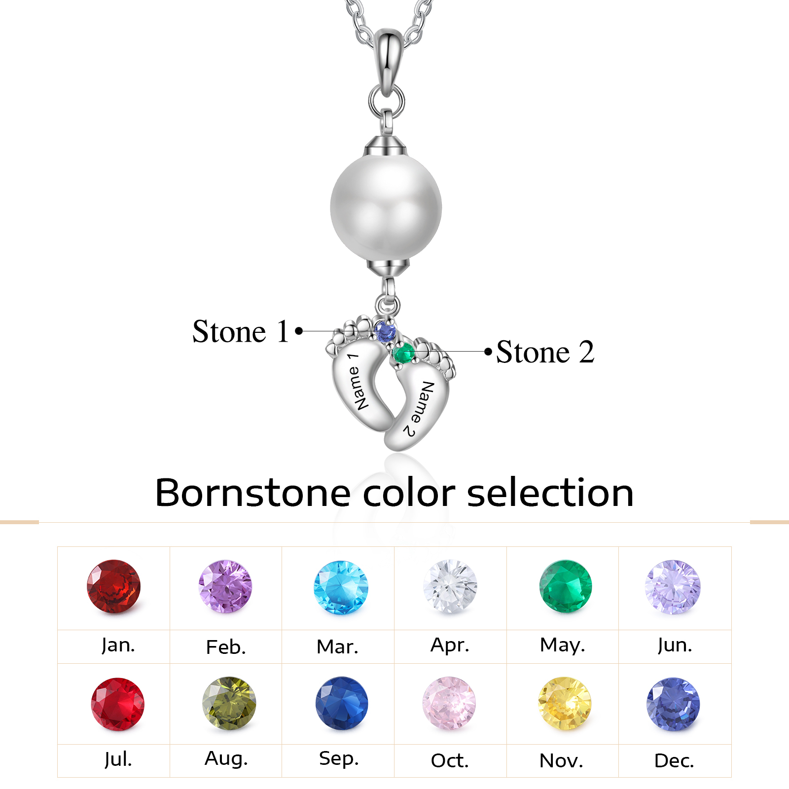 Personalised Baby Feet Pearl Necklace Custom 2 Names & Birthstones Mother Necklace