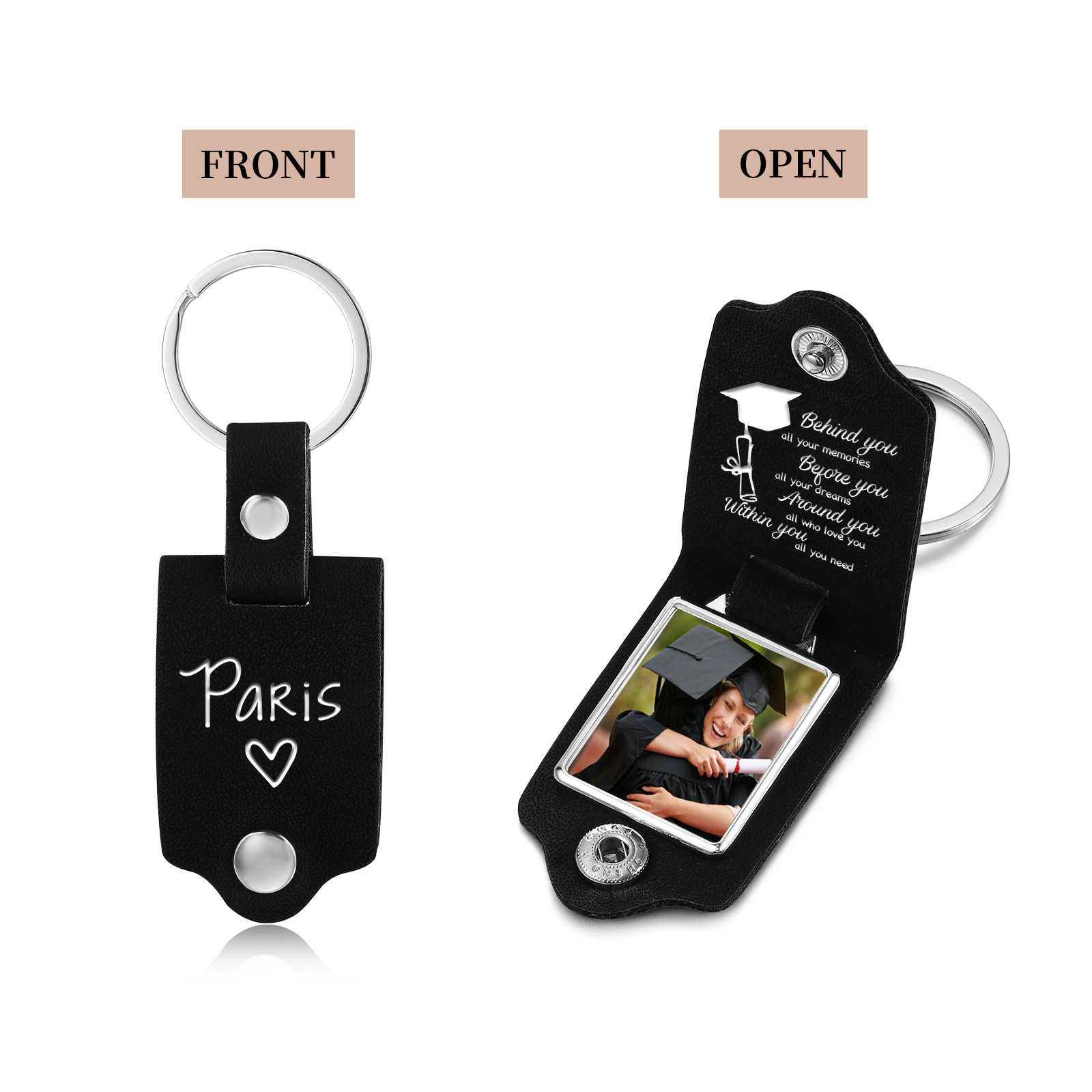 2024 Graduation Gifts - Personalised Name Flip Leather Keyring Customized Photo Keyring Gift for Her/Him