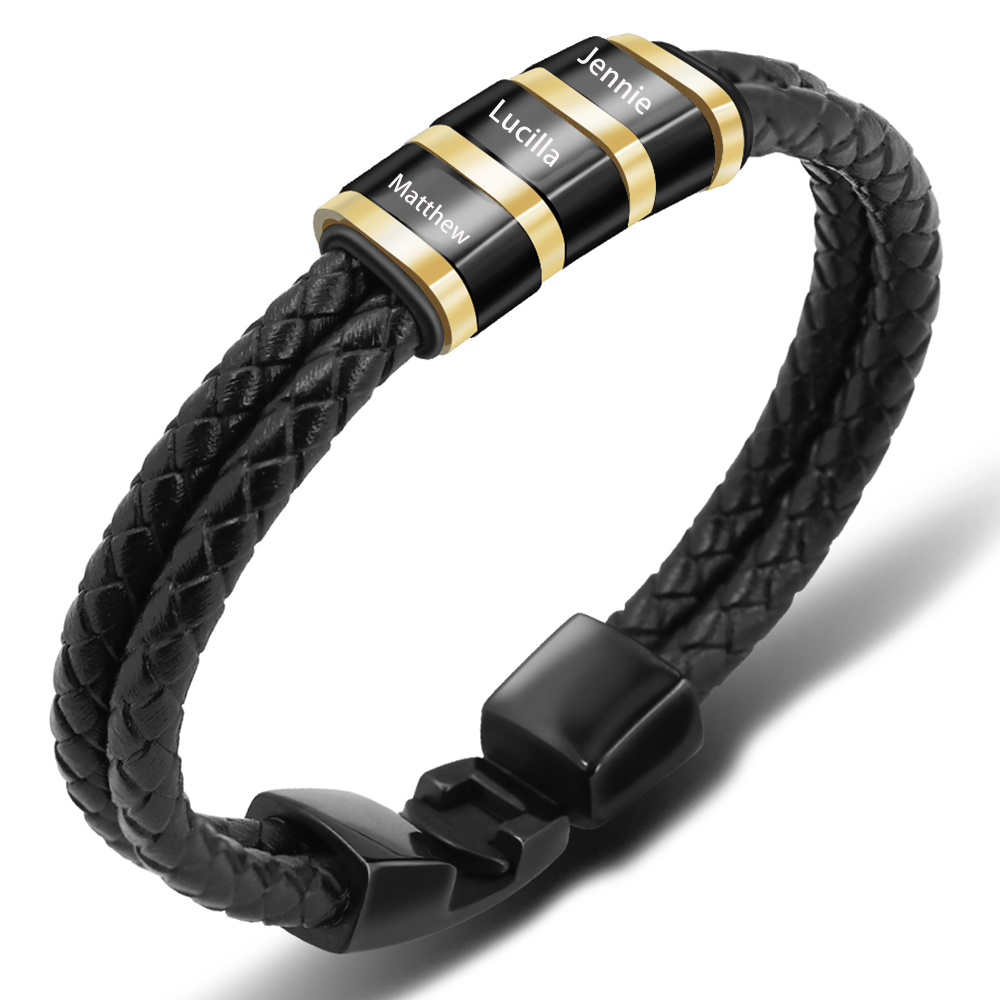 Personalized Braided Leather Bracelet Engraved 3 Names Men's Bracelet Gifts For Him