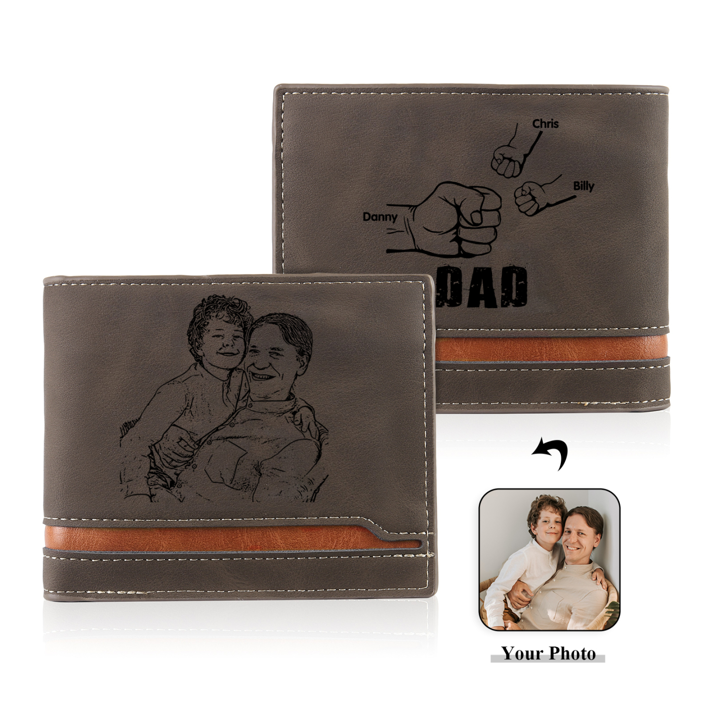 3 Names - Personalised Photo Custom Leather Men's Folding Wallet as a Father's Day Gift for Dad