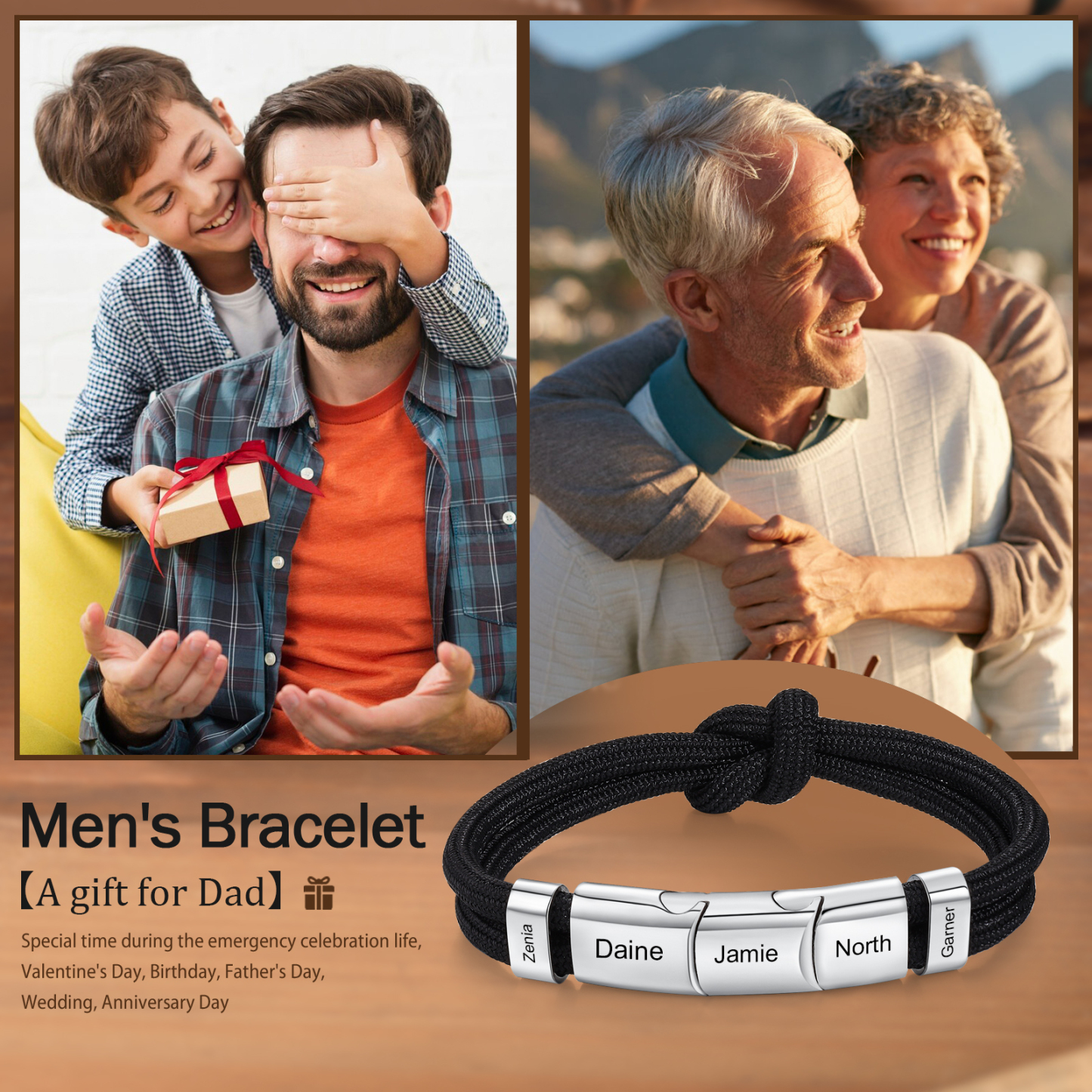 5 Names - Personalised Name Braided Leather Bracelet Engraving Men's Bracelet for Dad