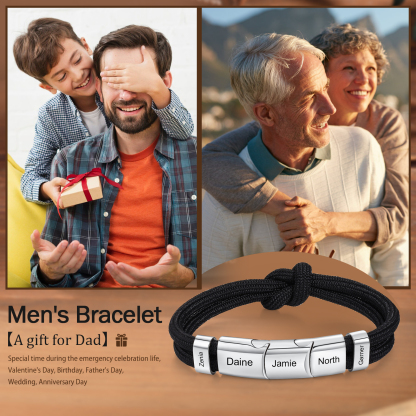 5 Names - Personalised Name Braided Leather Bracelet Engraving Men's Bracelet for Dad