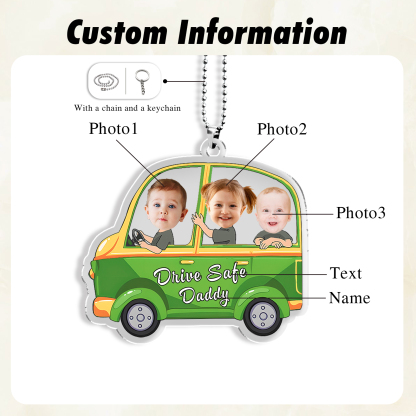 Acrylic Keyring/Decoration Personalised 3 Photos, Name And Text Child Driving Pattern Pendant For Dad