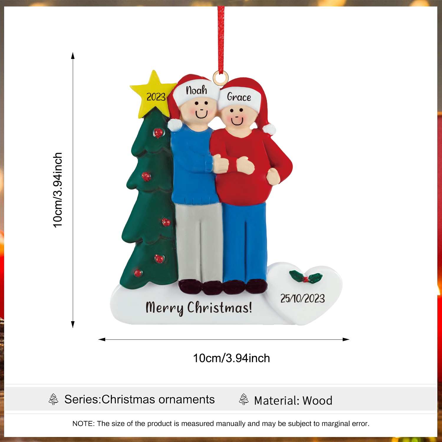 2 Names-Personalised Family Wooden Christmas Xmas Tree Decoration Ornament-Custom 2 Names And Dates Hanging Ornament Gifts For Family