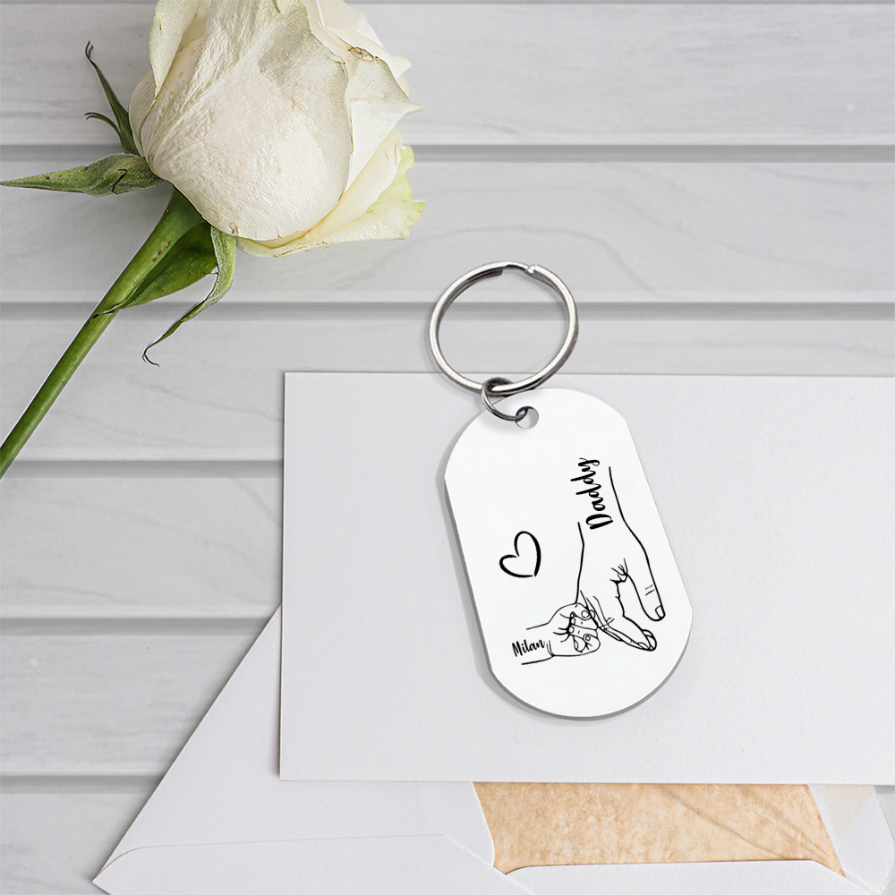 1 Name - Personalised Holding Hands Keyring with name and text Gift for Dad