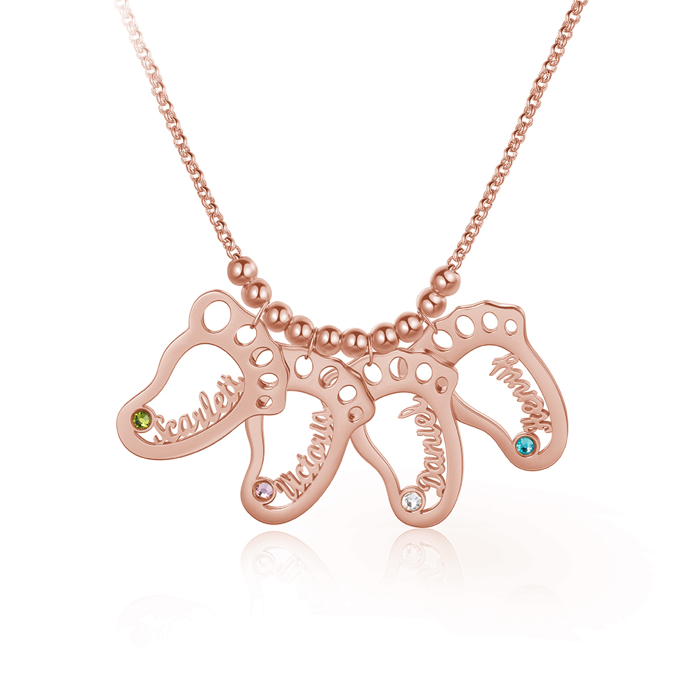 Personalised Baby Foot Necklace With 4 Birthstones Engraved Names Gift For Mother