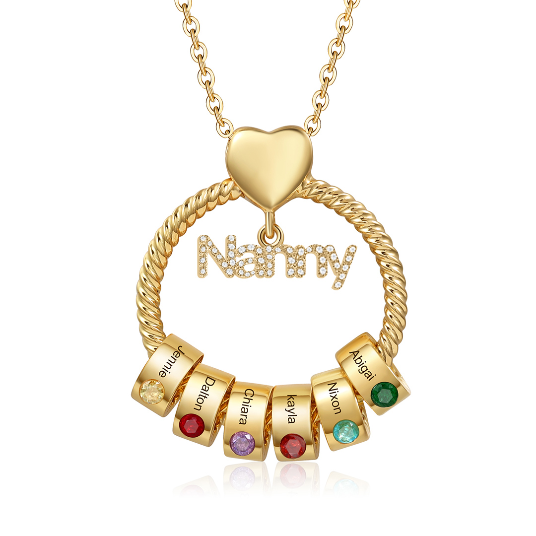 6 Names-Personalised Nanny Circle Necklace With 6 Birthstones Pendant Engraved Names Gift For Nanny