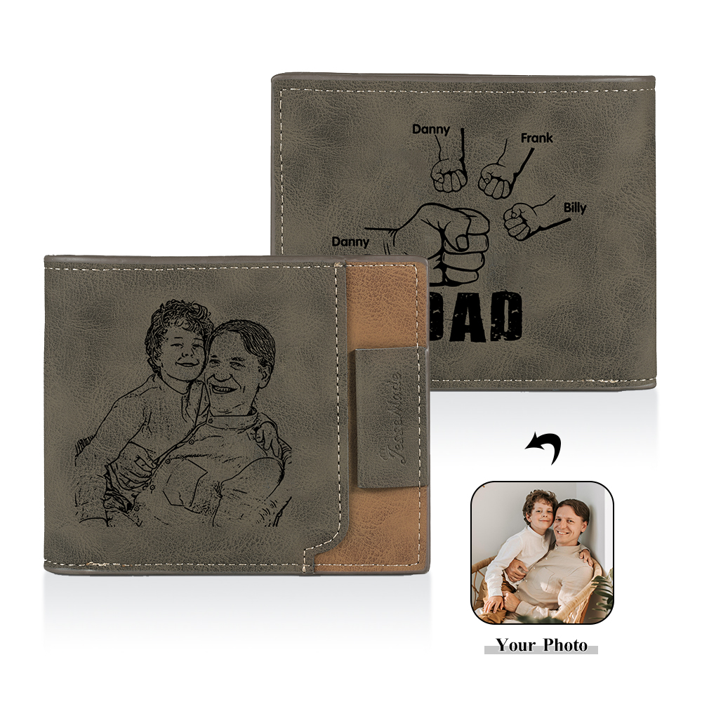 4 Names - Personalised Fist Bump Photo Custom Leather Men's  Wallet as a Father's Day Gift for Dad