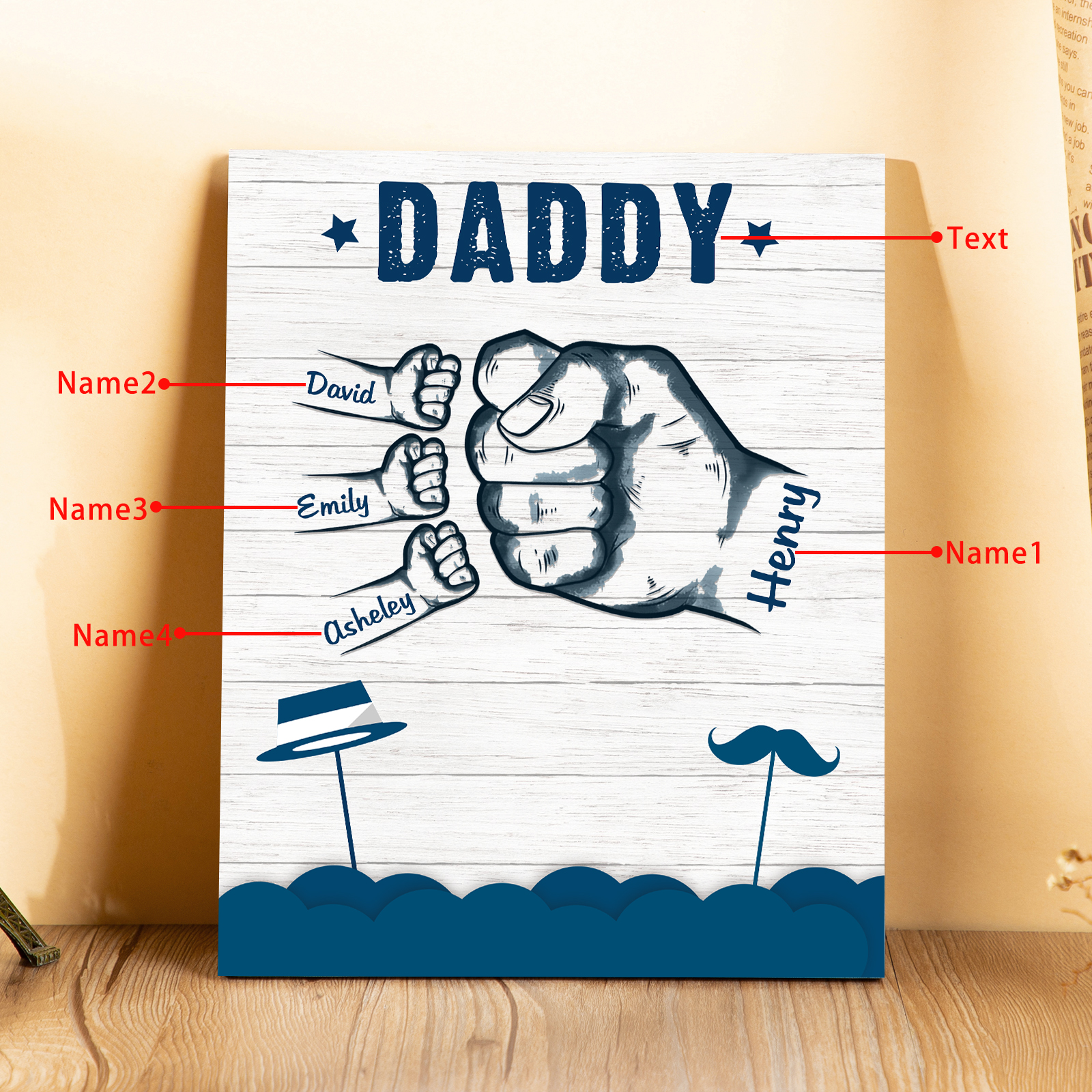 4 Names - Personalised Wooden Ornament Fist Bump Style Engraved Name and Text Ornament for Dad