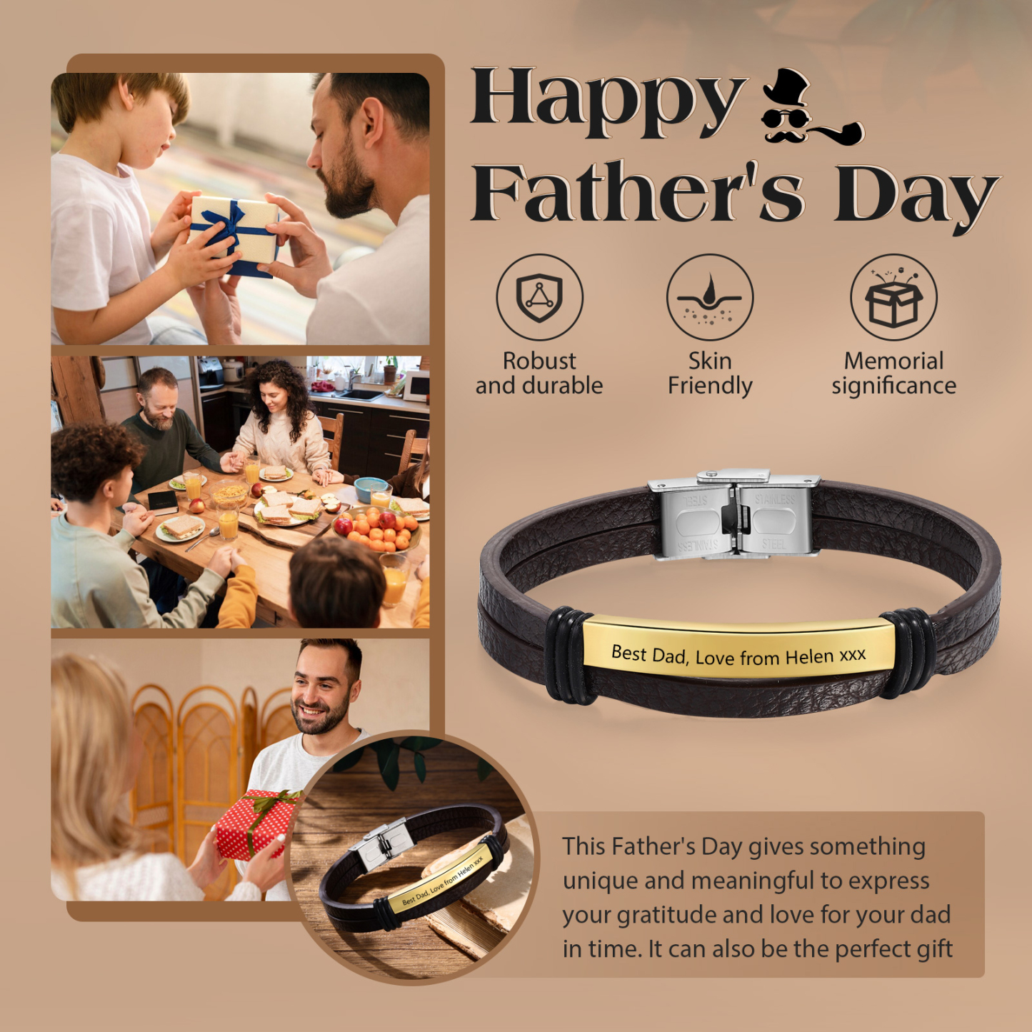 Personalised Text Brown Leather Bracelet Men's Bracelet Father's Day Gift for Dad