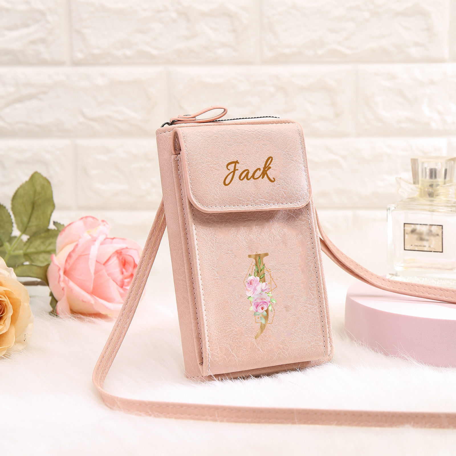 Custom Purse-Personalised Women's Leather Wallet Custom Letter & Name Mobile Phone Wallet Zipper Crossbody Bag
