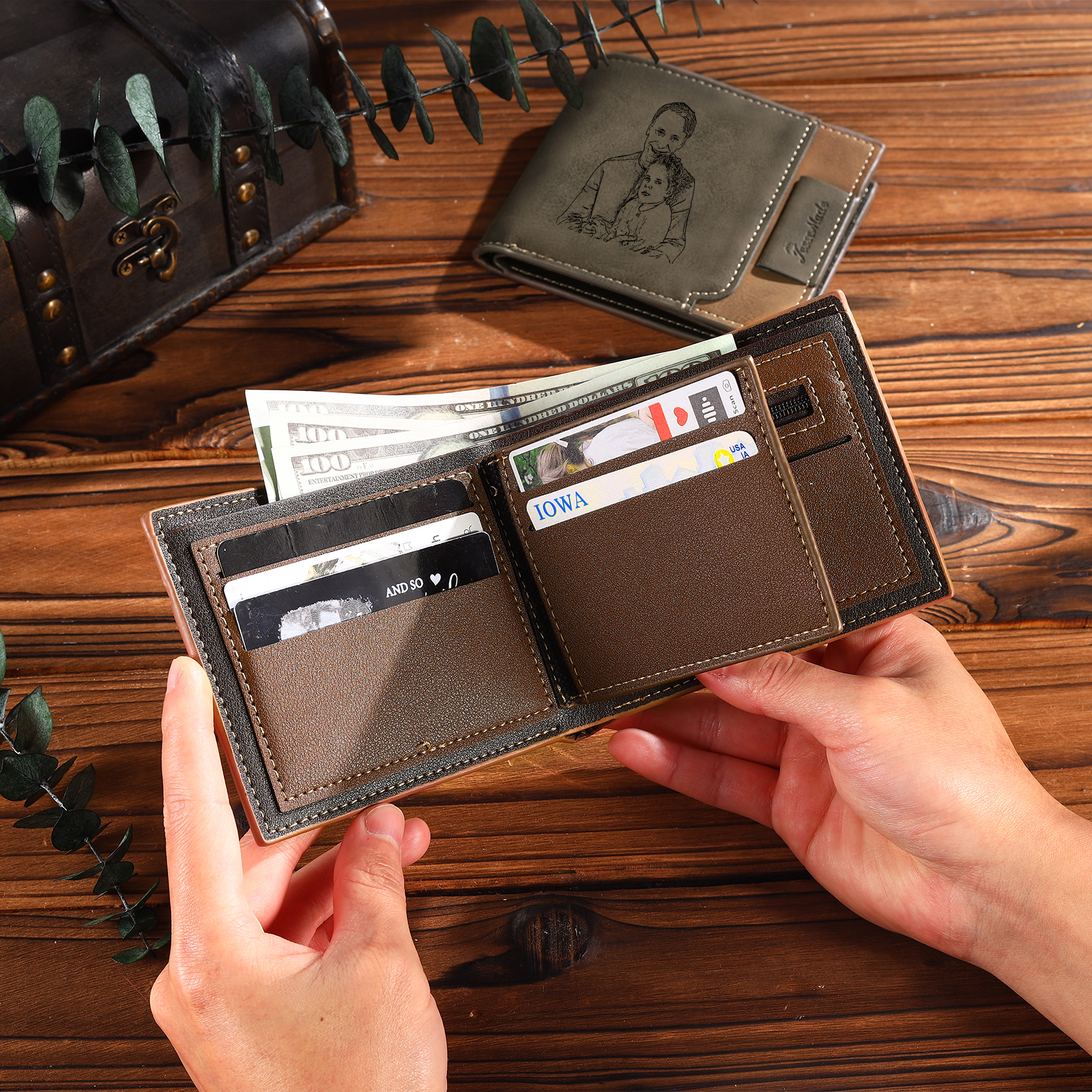 3 Names - Personalised Fist Bump Photo Custom Leather Men's Wallet as a Father's Day Gift for Dad