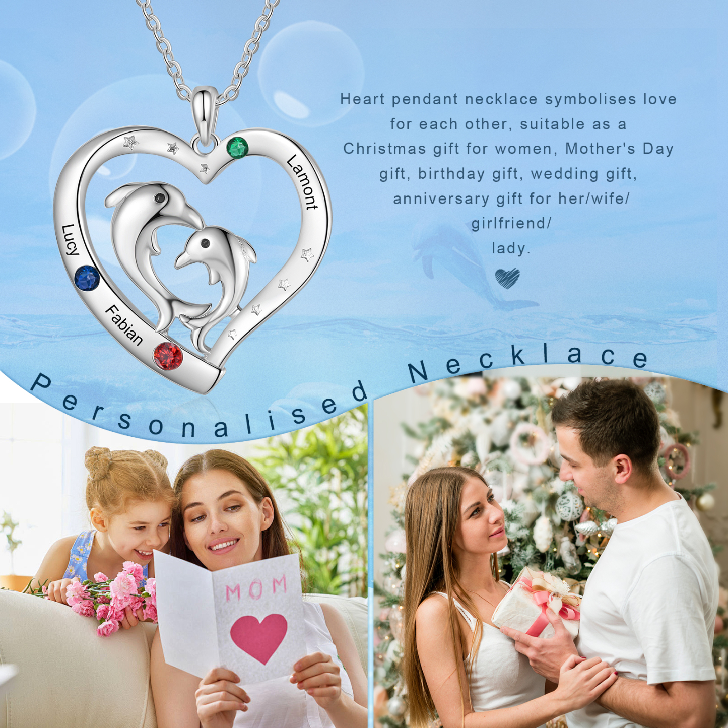 3 Names - Personalised Beautiful Dolphin Heart Necklace with Customized Name and Birthstone Gift for Her