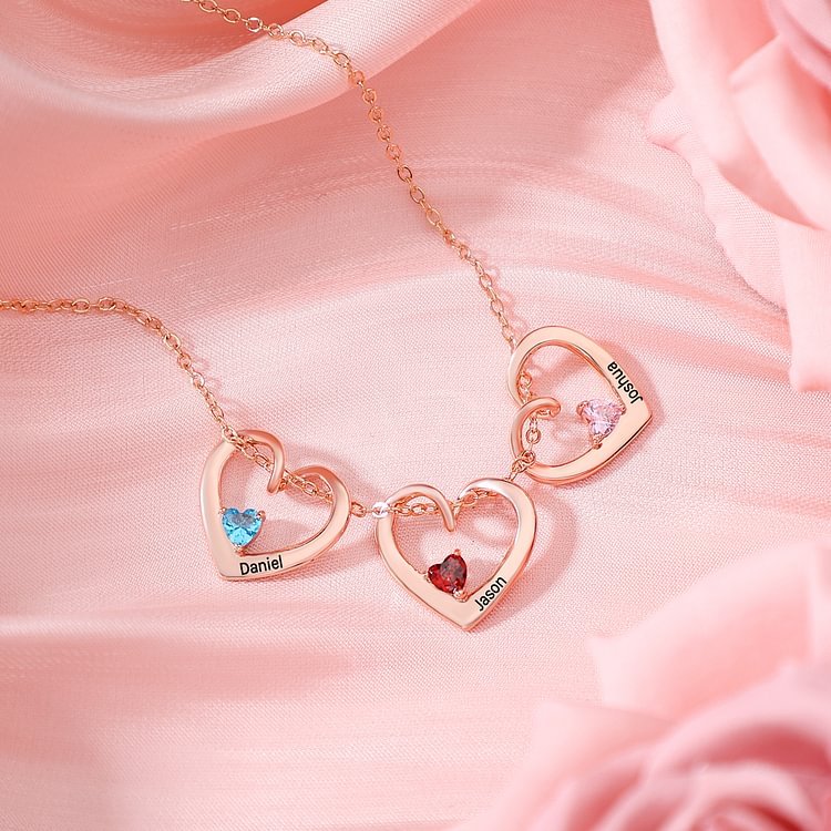 4 Names- Personalised Birthstone Necklace Set with Rose Gift Box - Customized Love Pendant Necklace Engraved Name Gift for Her