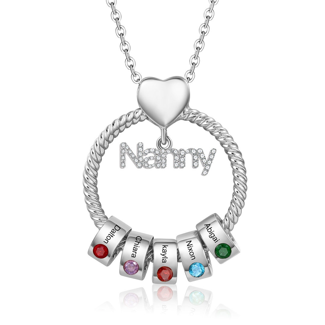5 Names-Personalised Nanny Circle Necklace With 5 Birthstones Pendant Engraved Names Gift For Nanny