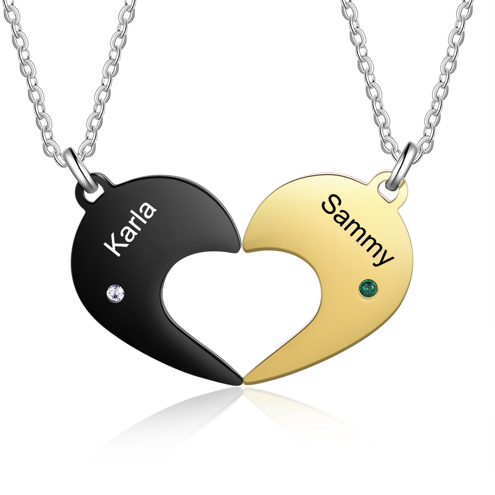 Heart Matching Necklace Set Personalised Names Birtstones Couple Necklace