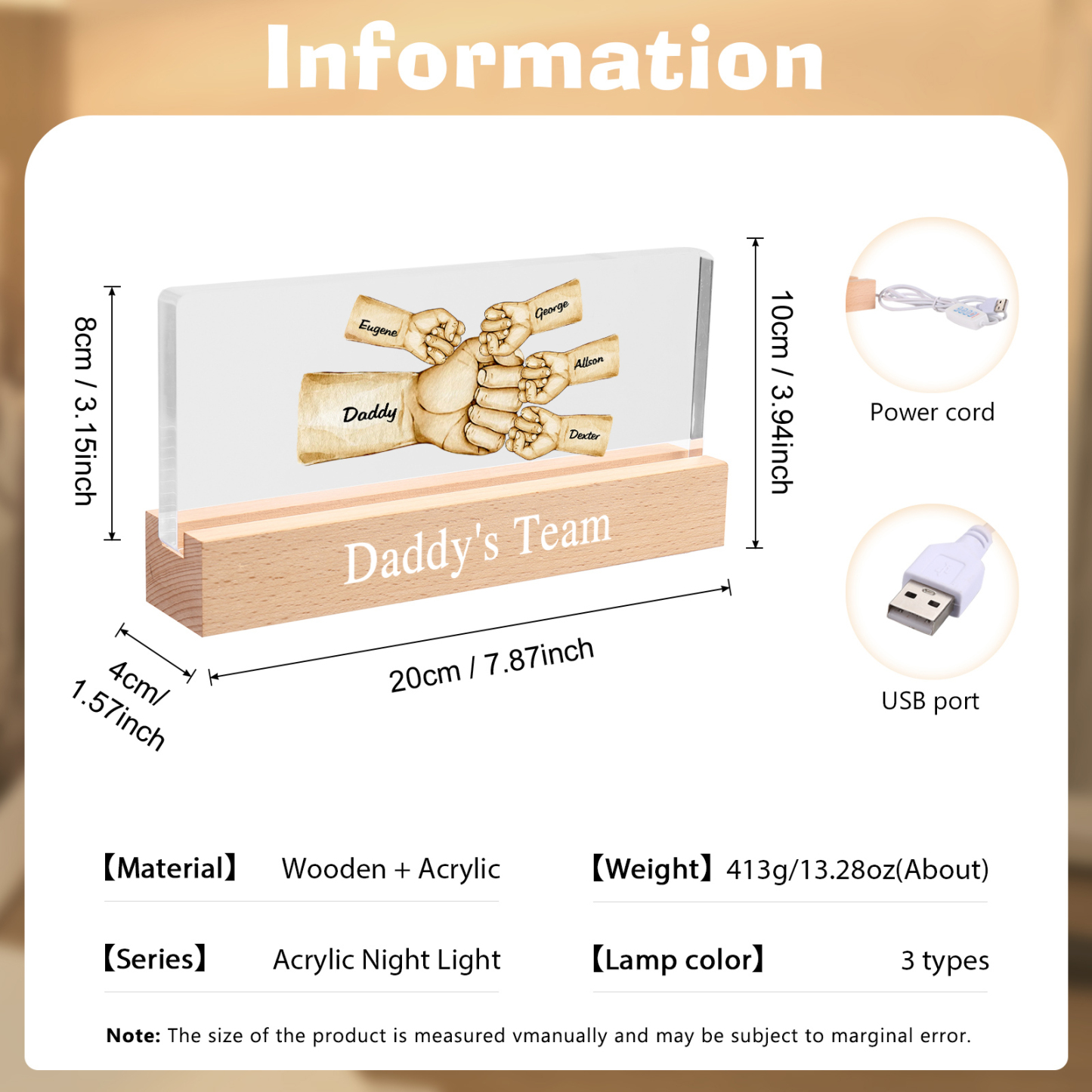 5 Names - Personalised Fist Bump Pattern Table Lamp Customized Text Father's Day Gift for Dad