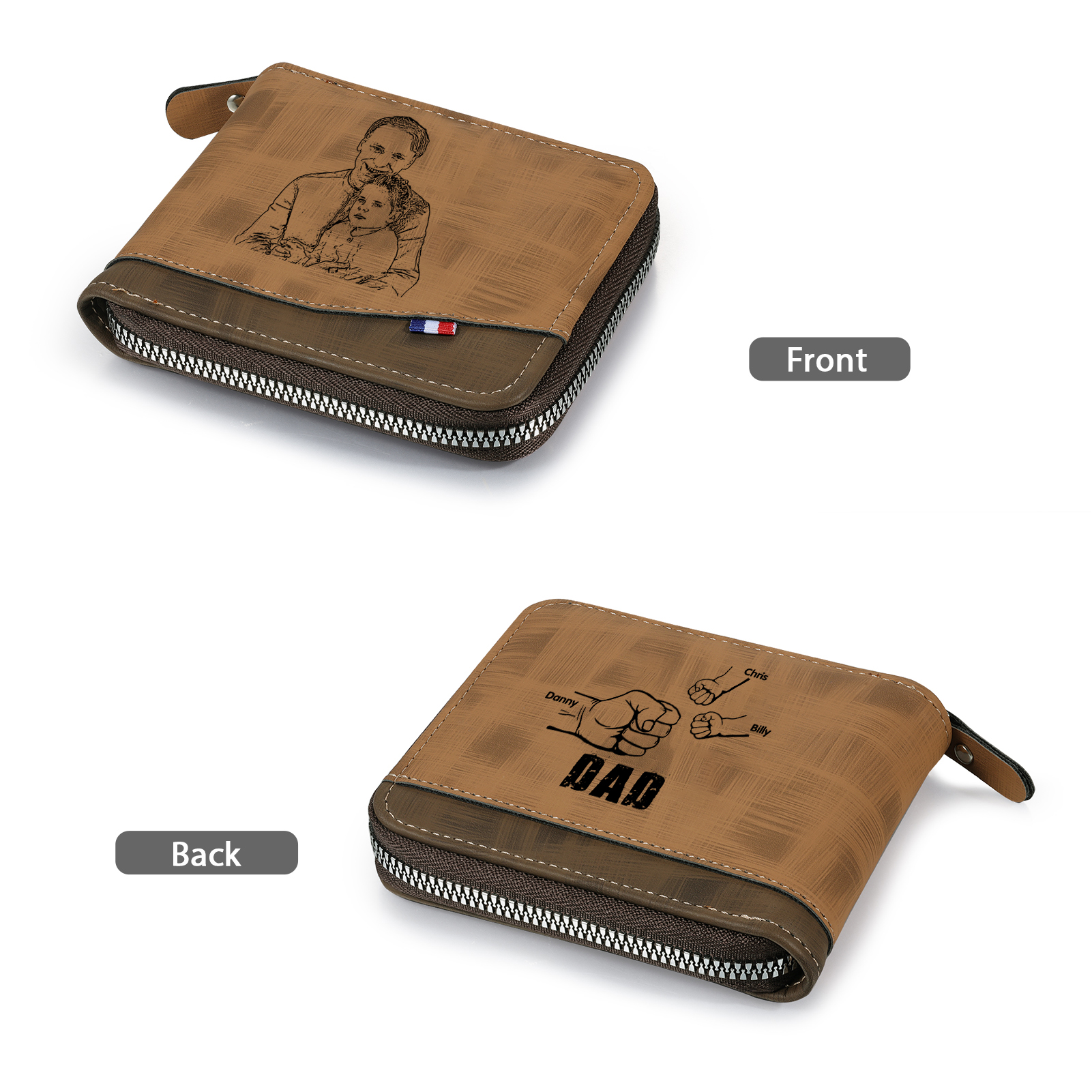 3 Names - Personalised Photo Custom Leather Men's Zipper Wallet as a Father's Day Gift for Dad
