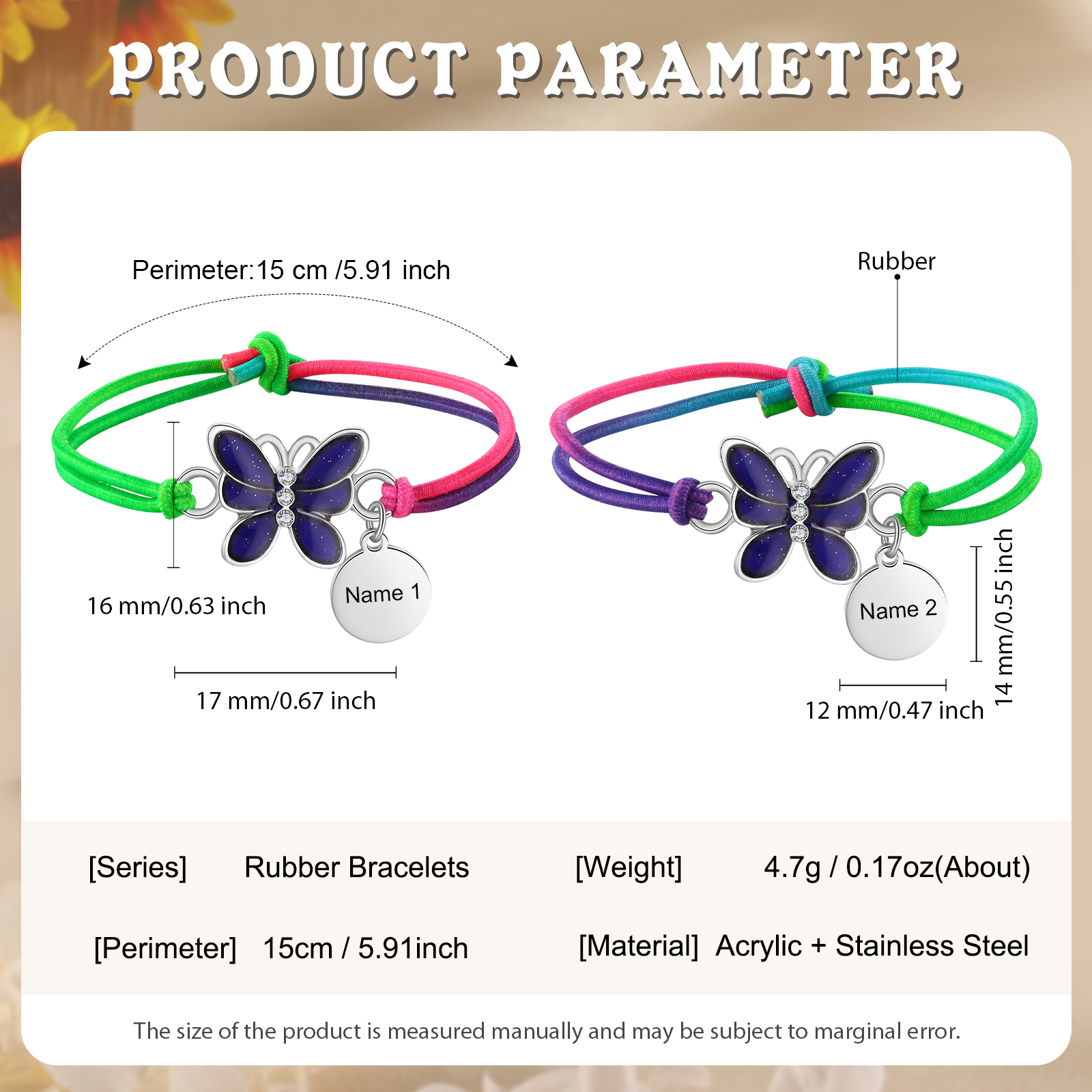 2 Pcs Personalized Name Color Changing Bracelets Cute Cartoon Animal Butterfly Stretch Bracelet Set Back to School Gift for Girls