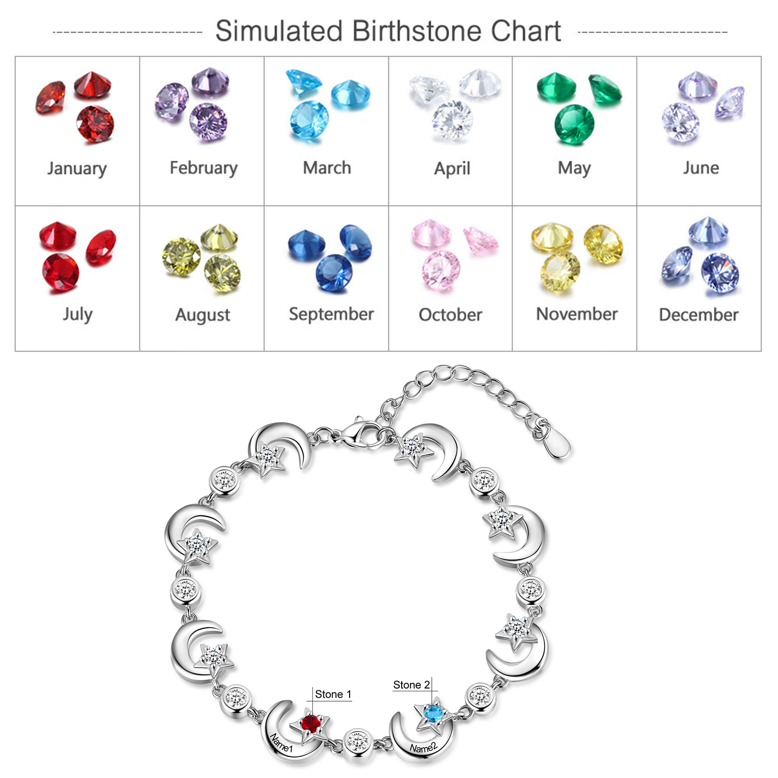 2 Names-Personalised Moons And Stars Bracelet With 2 Birthstones Custom Names Bracelet Gift For Women