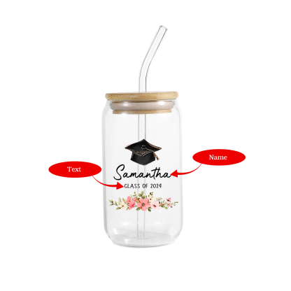 2024 Graduation Gift - Personalised Custom Name and Text Glass with Glass Straw