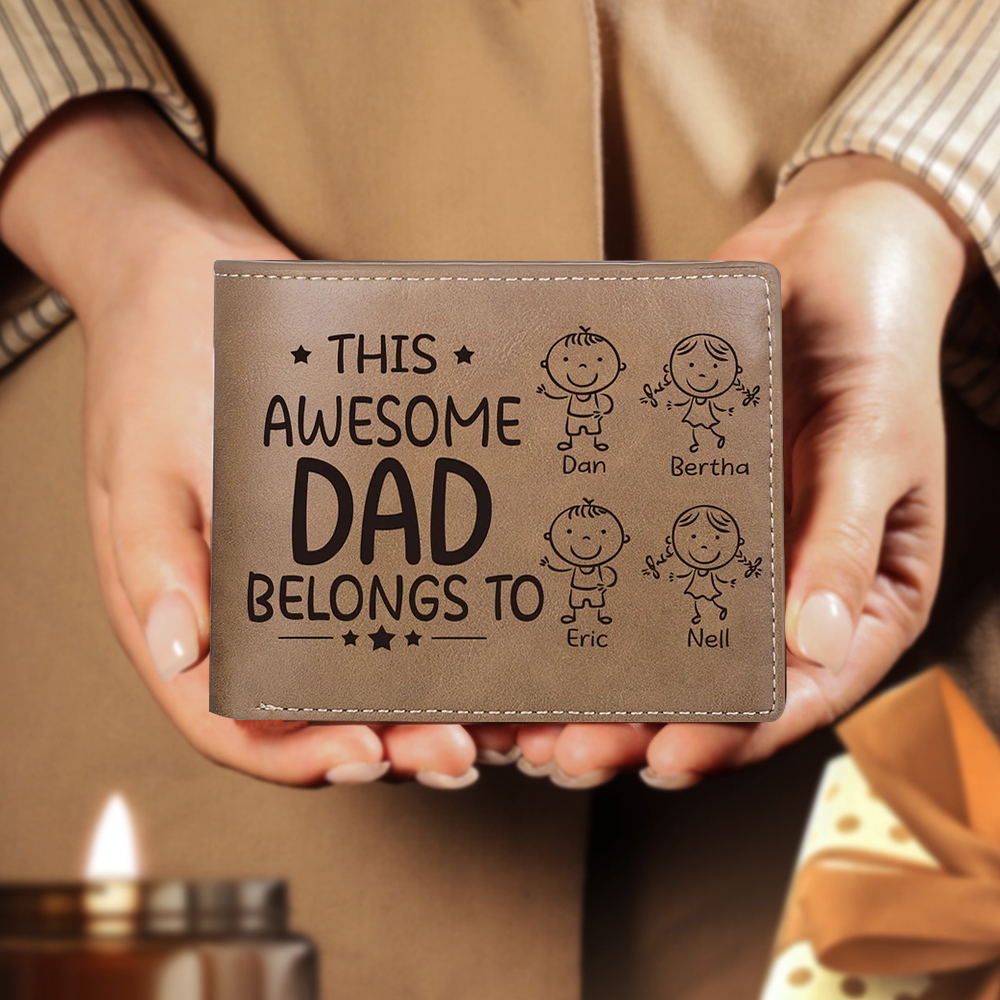 4 Names-Personalised Doll Customized Leather Men's Wallet Customized Name Folding Wallet With Gift Box for Dad