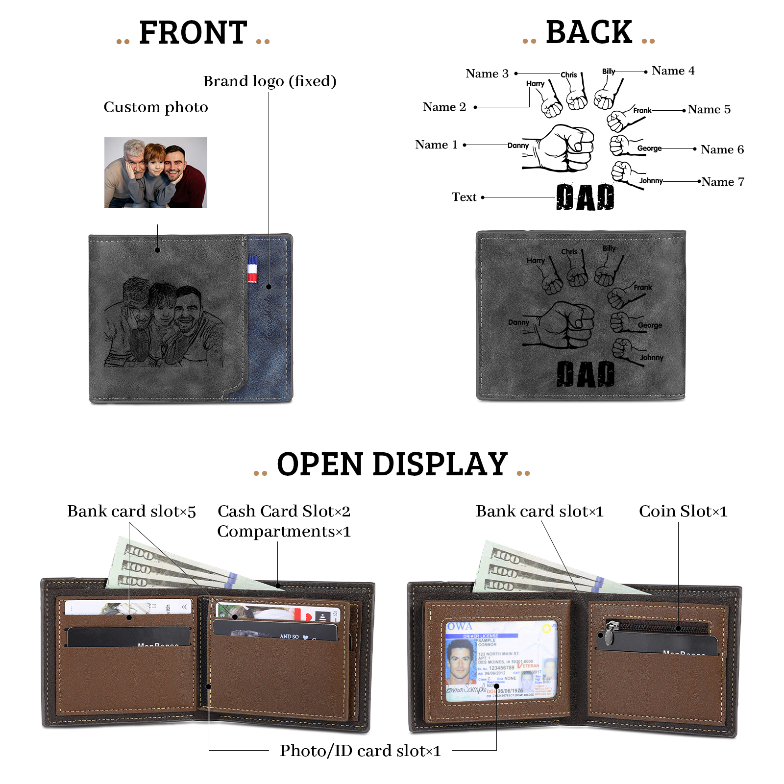 7 Names - Personalised Fist Bump Photo Custom Leather Men's  Wallet as a Father's Day Gift for Dad